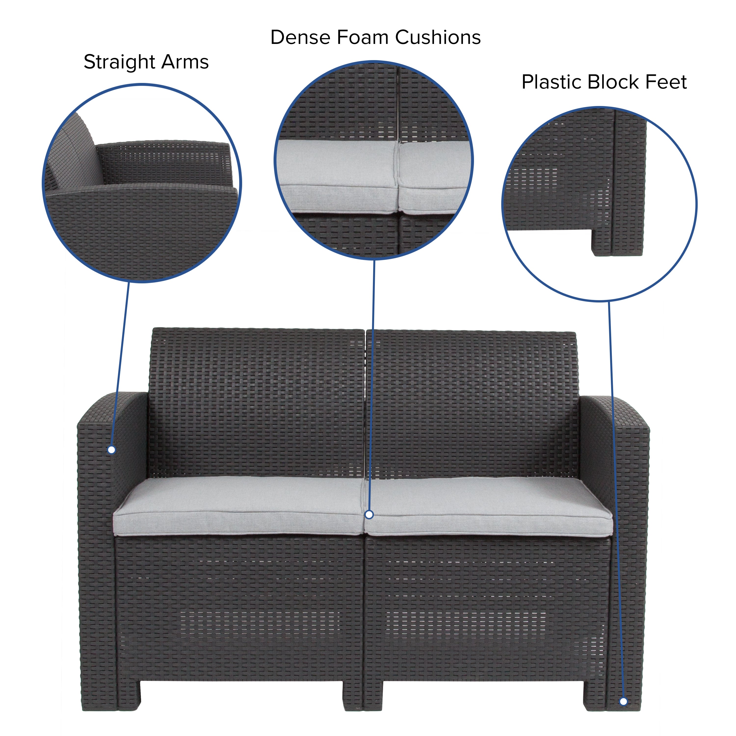 Seneca Dark Gray Faux Rattan Loveseat with All-Weather Seneca Light Gray Cushions