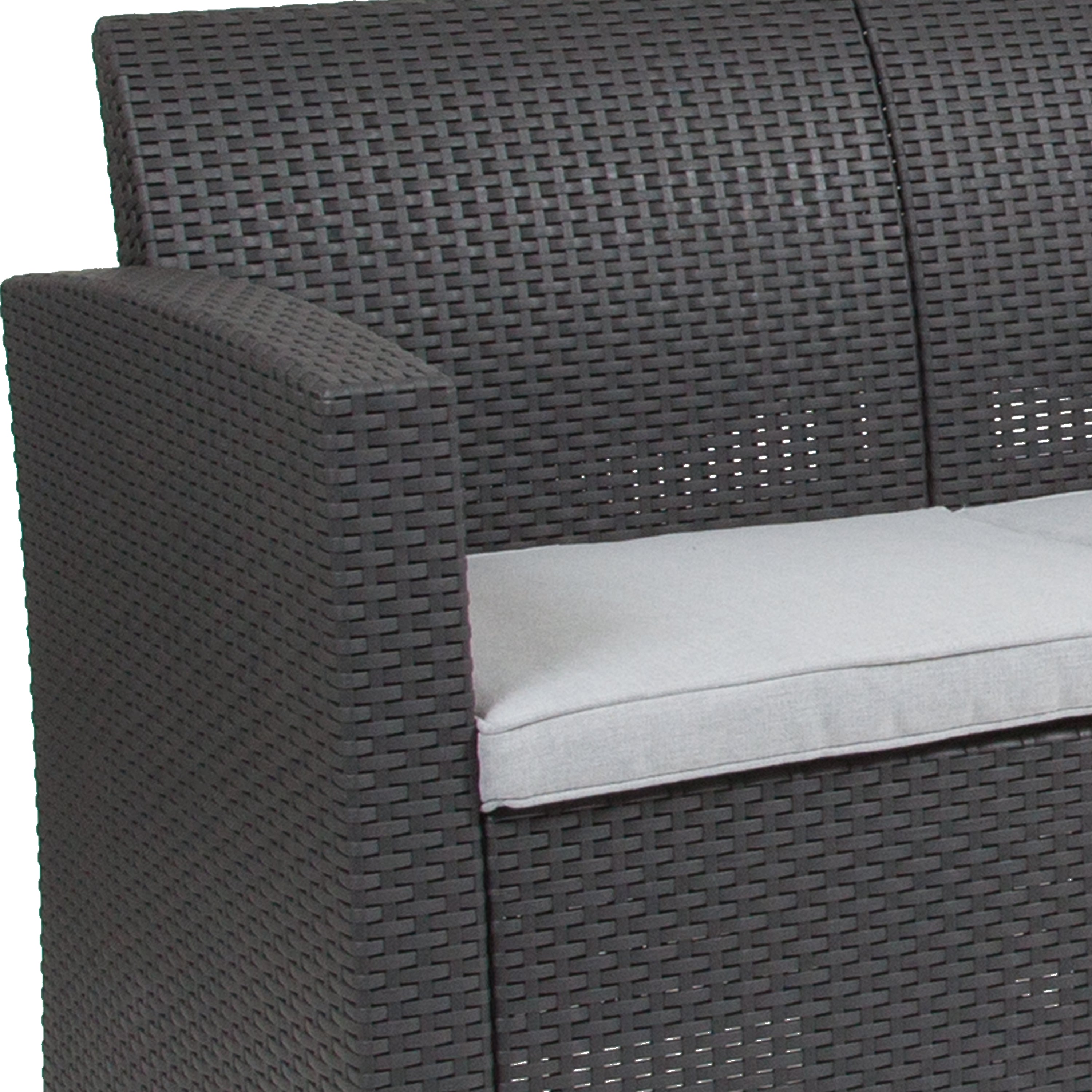 Seneca Dark Gray Faux Rattan Loveseat with All-Weather Seneca Light Gray Cushions