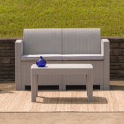 Seneca Light Gray Faux Rattan Loveseat with All-Weather Seneca Light Gray Cushions