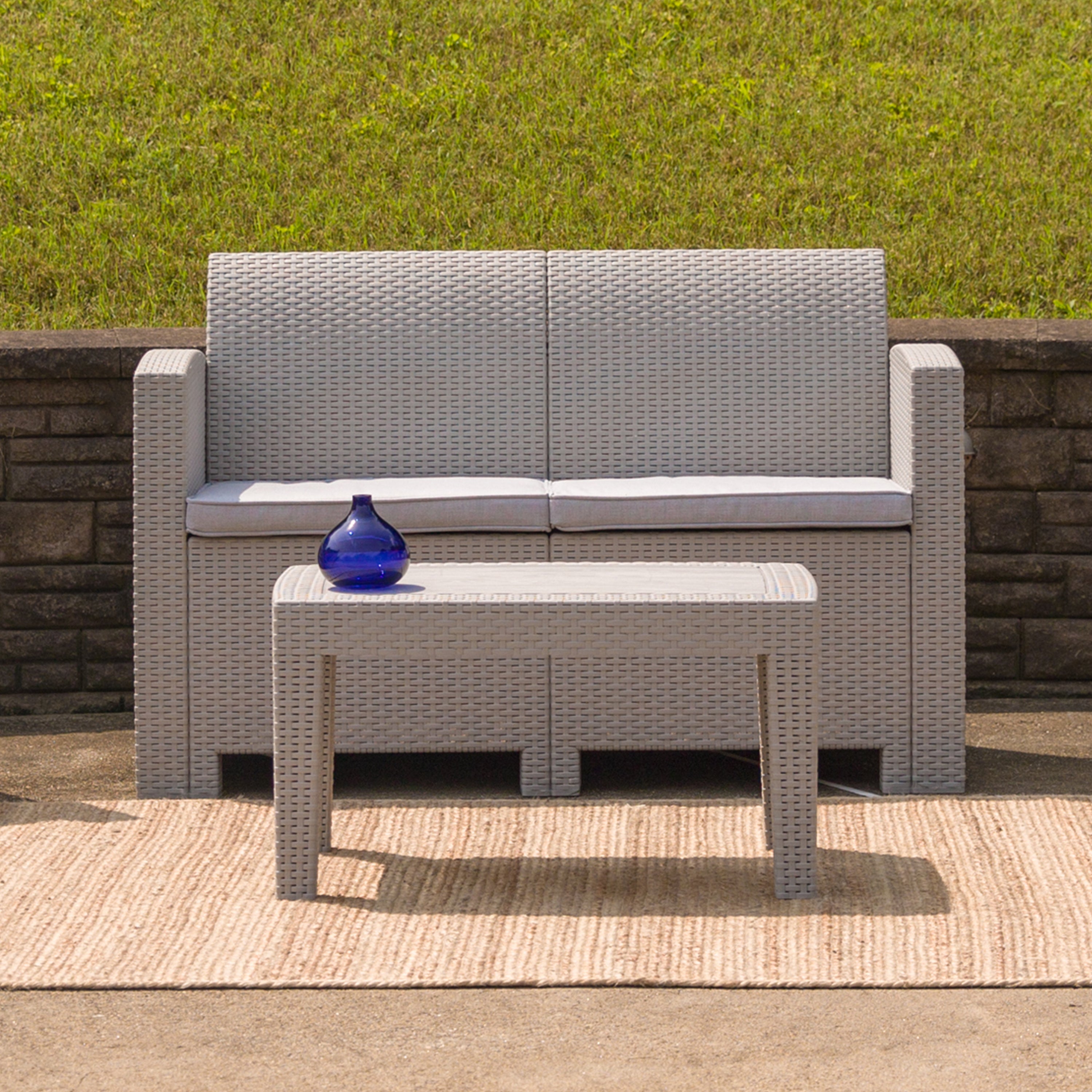 Seneca Light Gray Faux Rattan Loveseat with All-Weather Seneca Light Gray Cushions