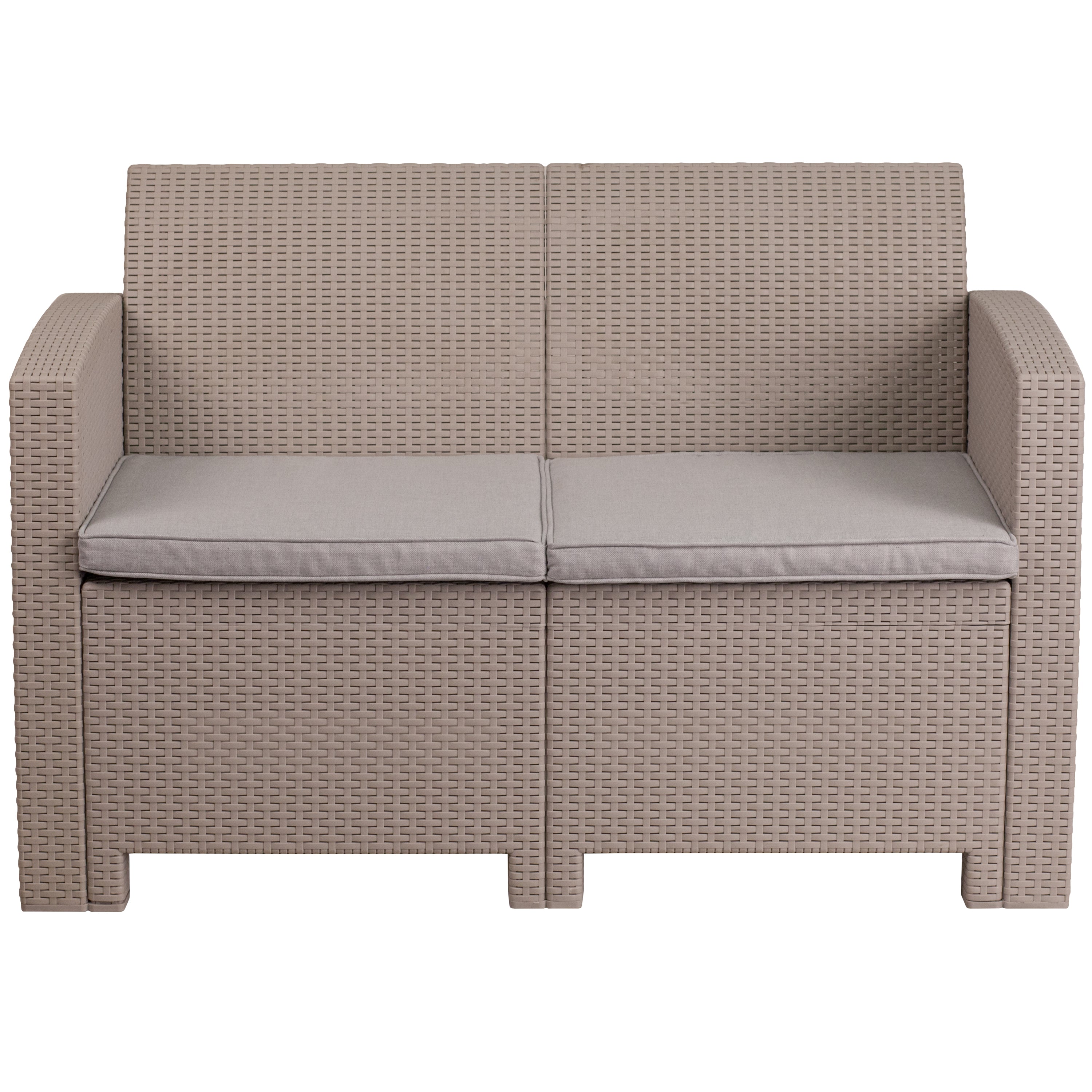 Seneca Light Gray Faux Rattan Loveseat with All-Weather Seneca Light Gray Cushions