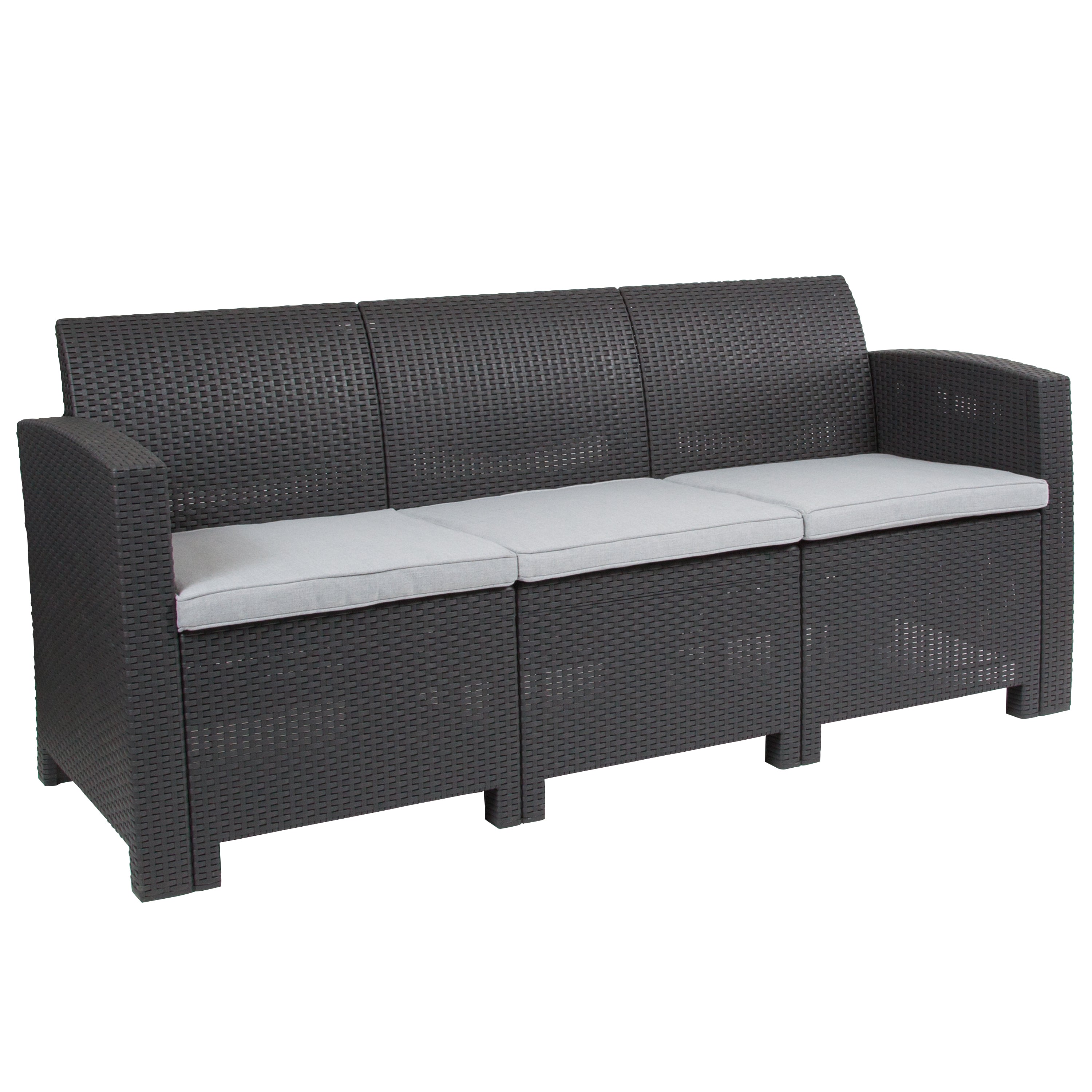 Seneca Dark Gray Faux Rattan Sofa with All-Weather Seneca Light Gray Cushions