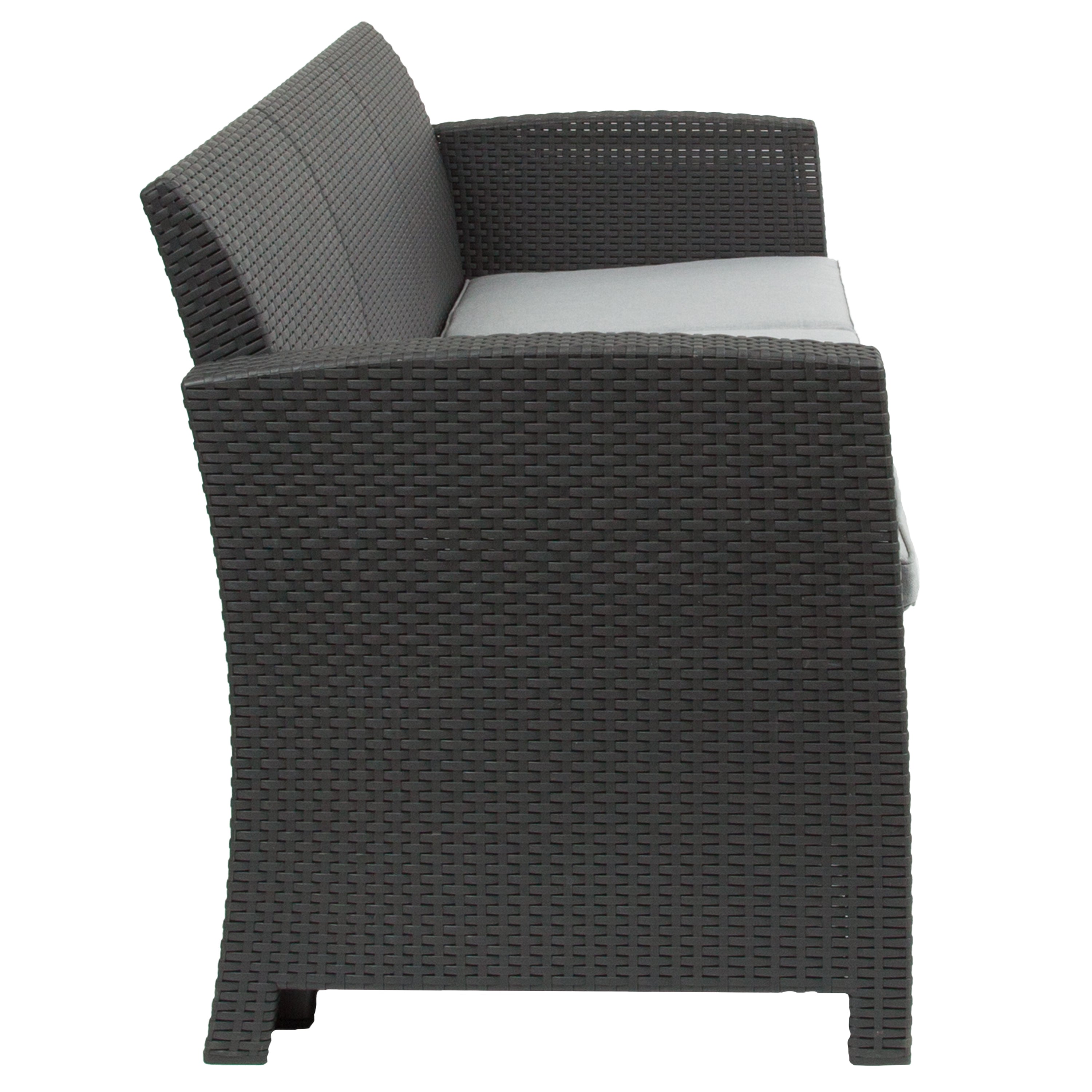 Seneca Dark Gray Faux Rattan Sofa with All-Weather Seneca Light Gray Cushions