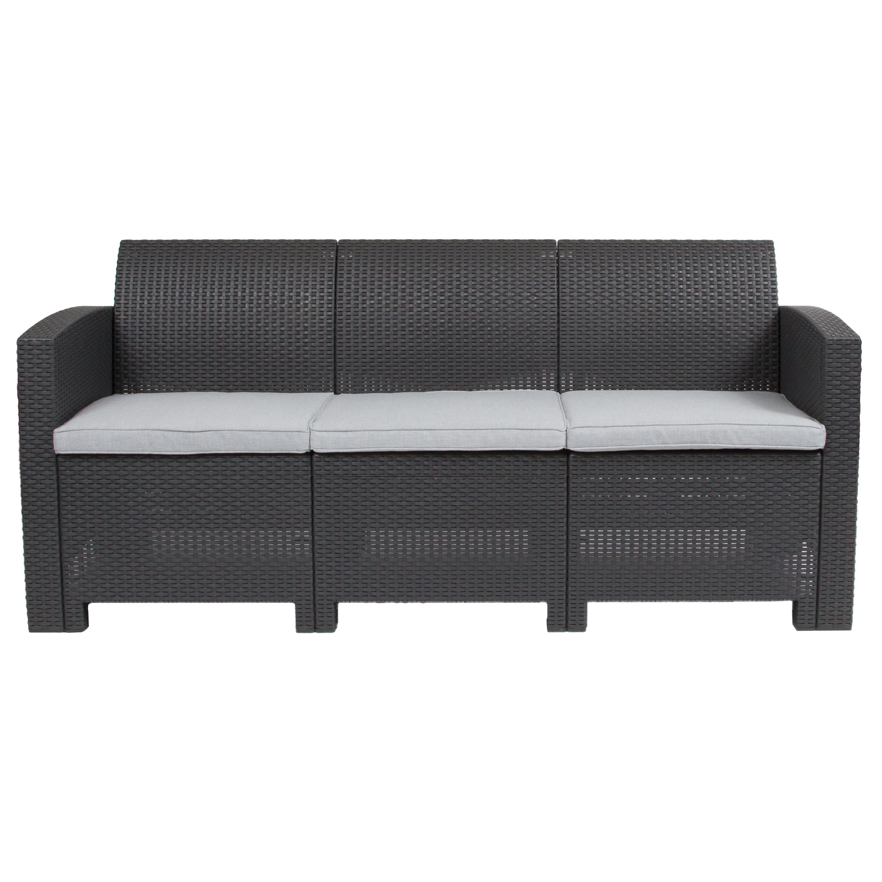 Seneca Dark Gray Faux Rattan Sofa with All-Weather Seneca Light Gray Cushions
