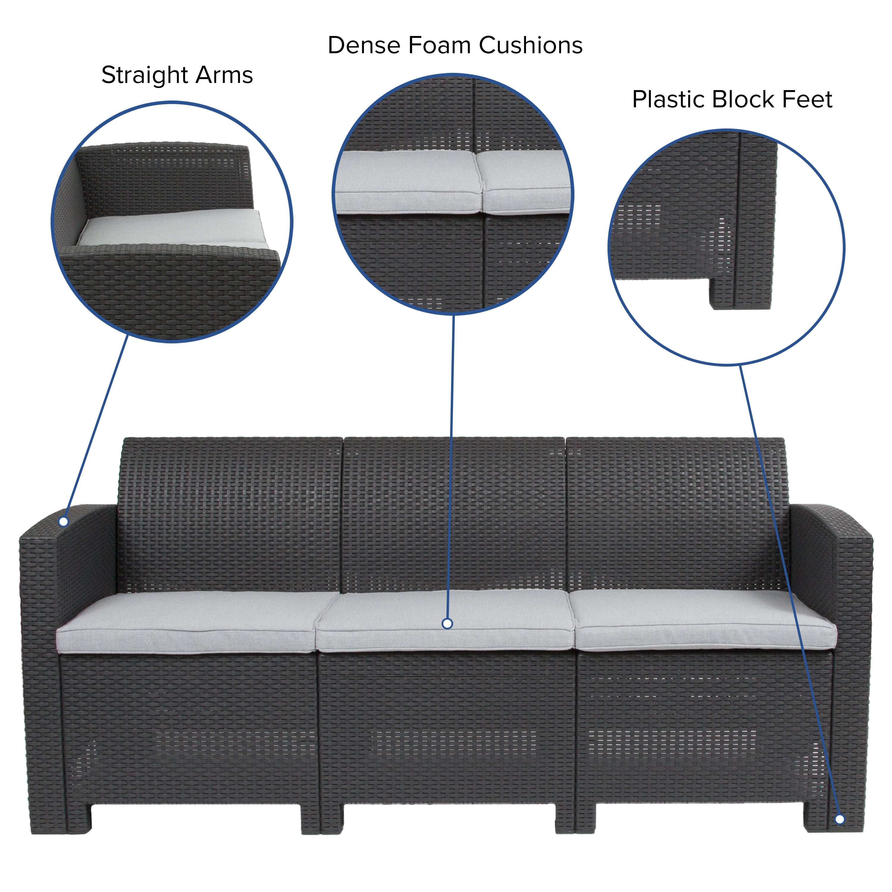 Seneca Dark Gray Faux Rattan Sofa with All-Weather Seneca Light Gray Cushions