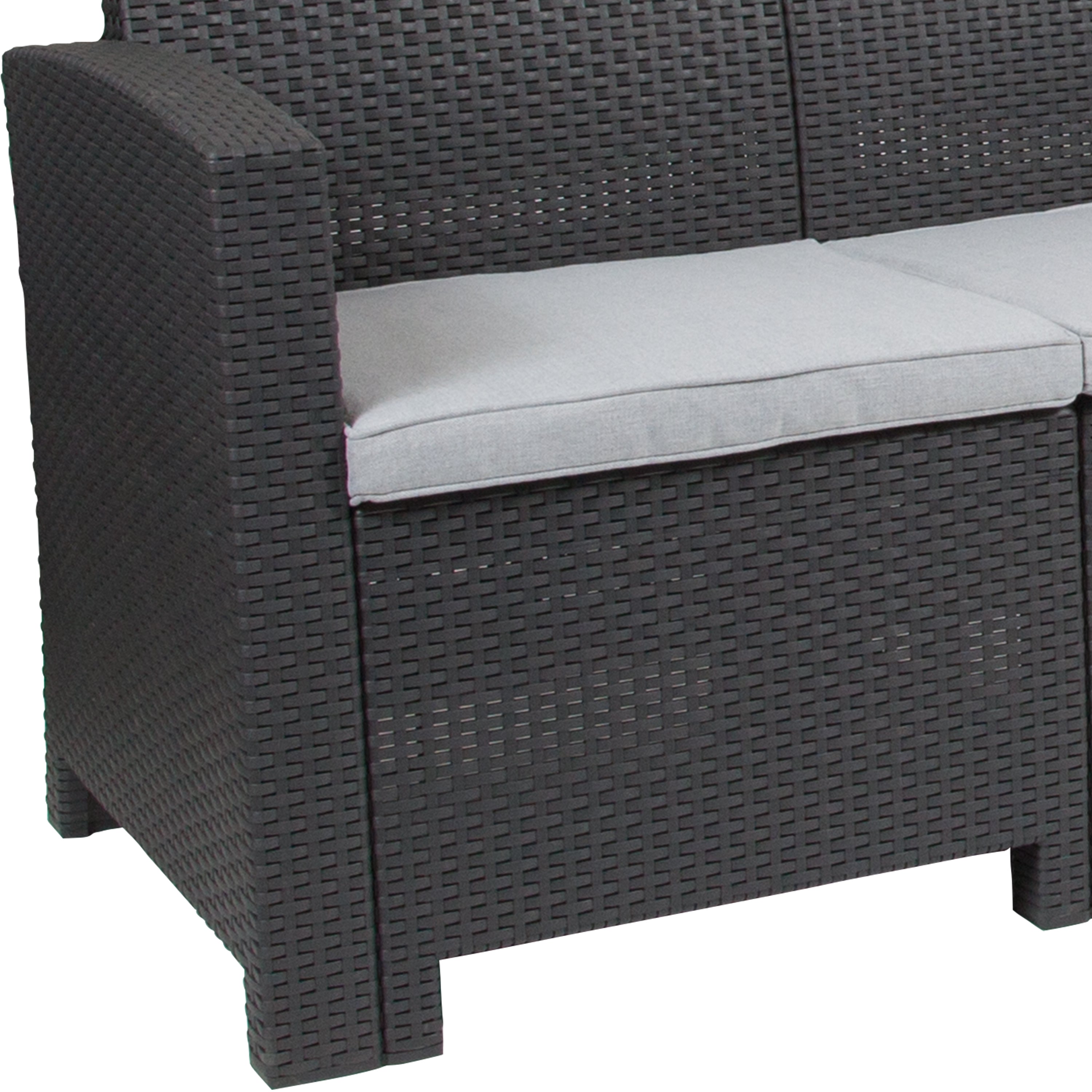 Seneca Dark Gray Faux Rattan Sofa with All-Weather Seneca Light Gray Cushions