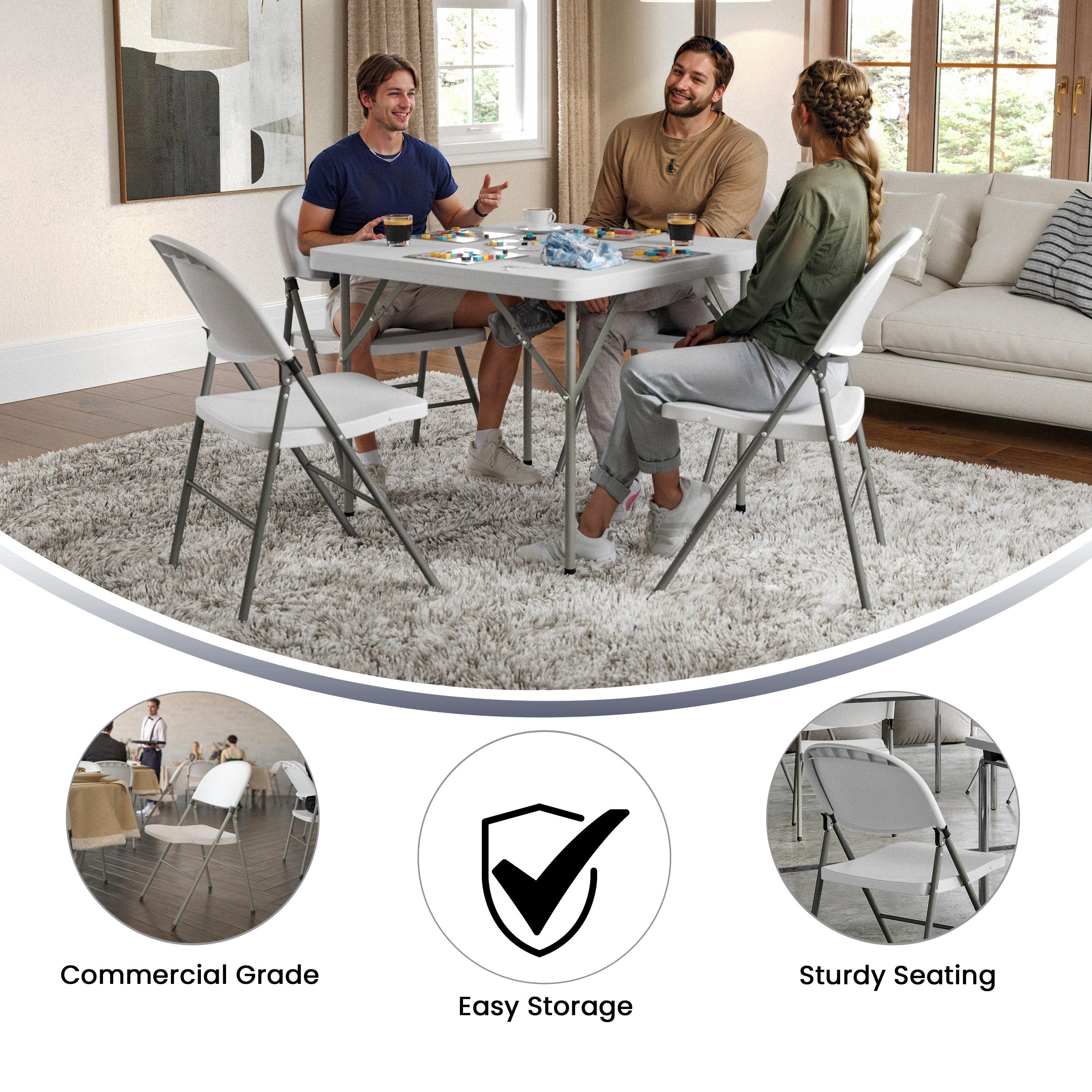 HERCULES Series White Plastic Folding Chairs | Set of 2 Lightweight Folding Chairs with Gray Frame