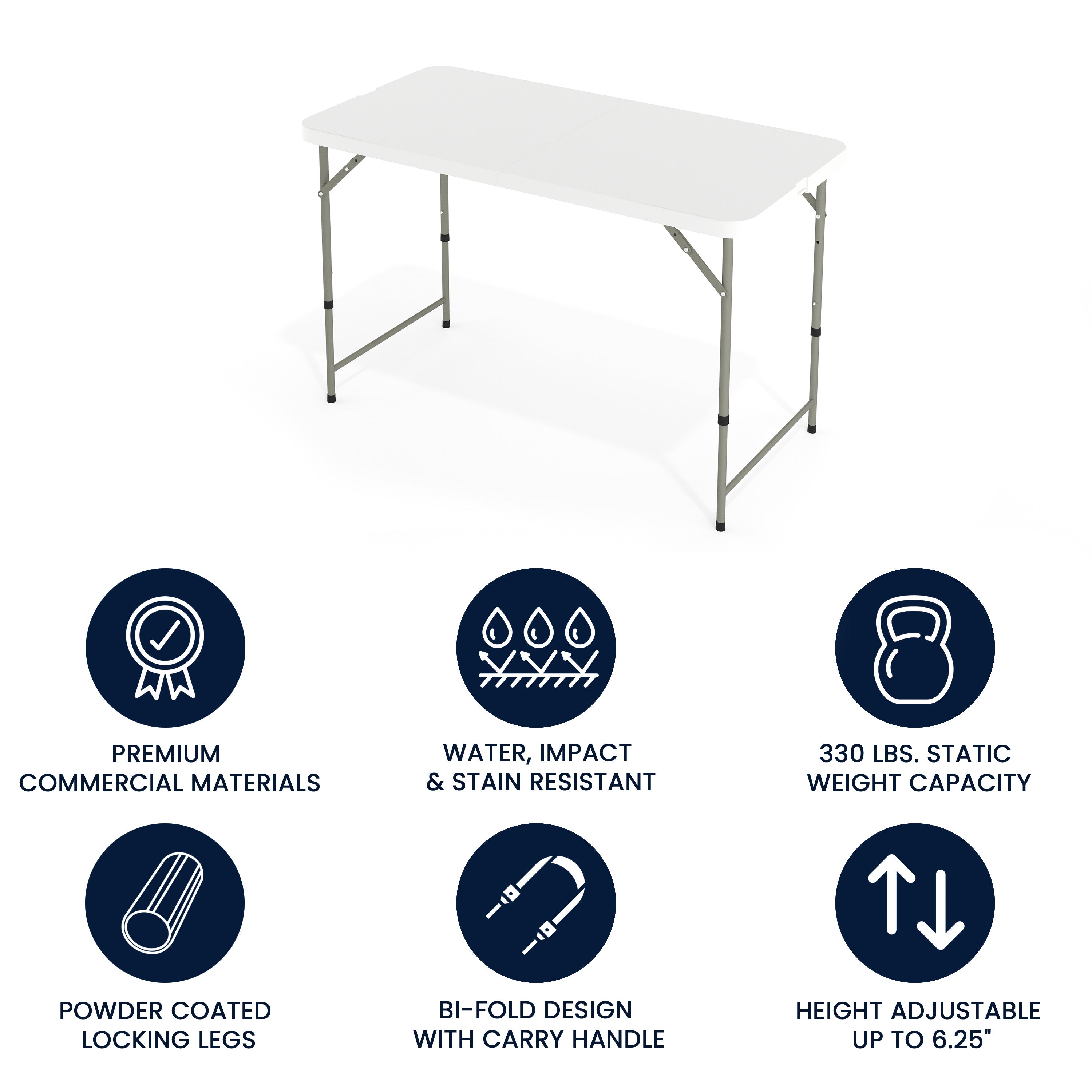 Elon 4-Foot Height Adjustable Bi-Fold Granite White Plastic Folding Table