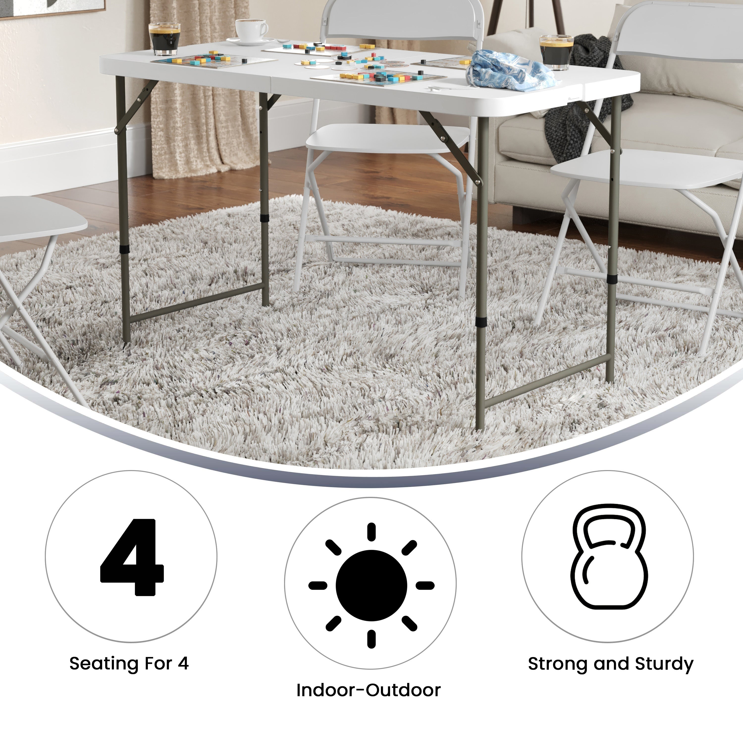 Elon 4-Foot Height Adjustable Bi-Fold Granite White Plastic Folding Table