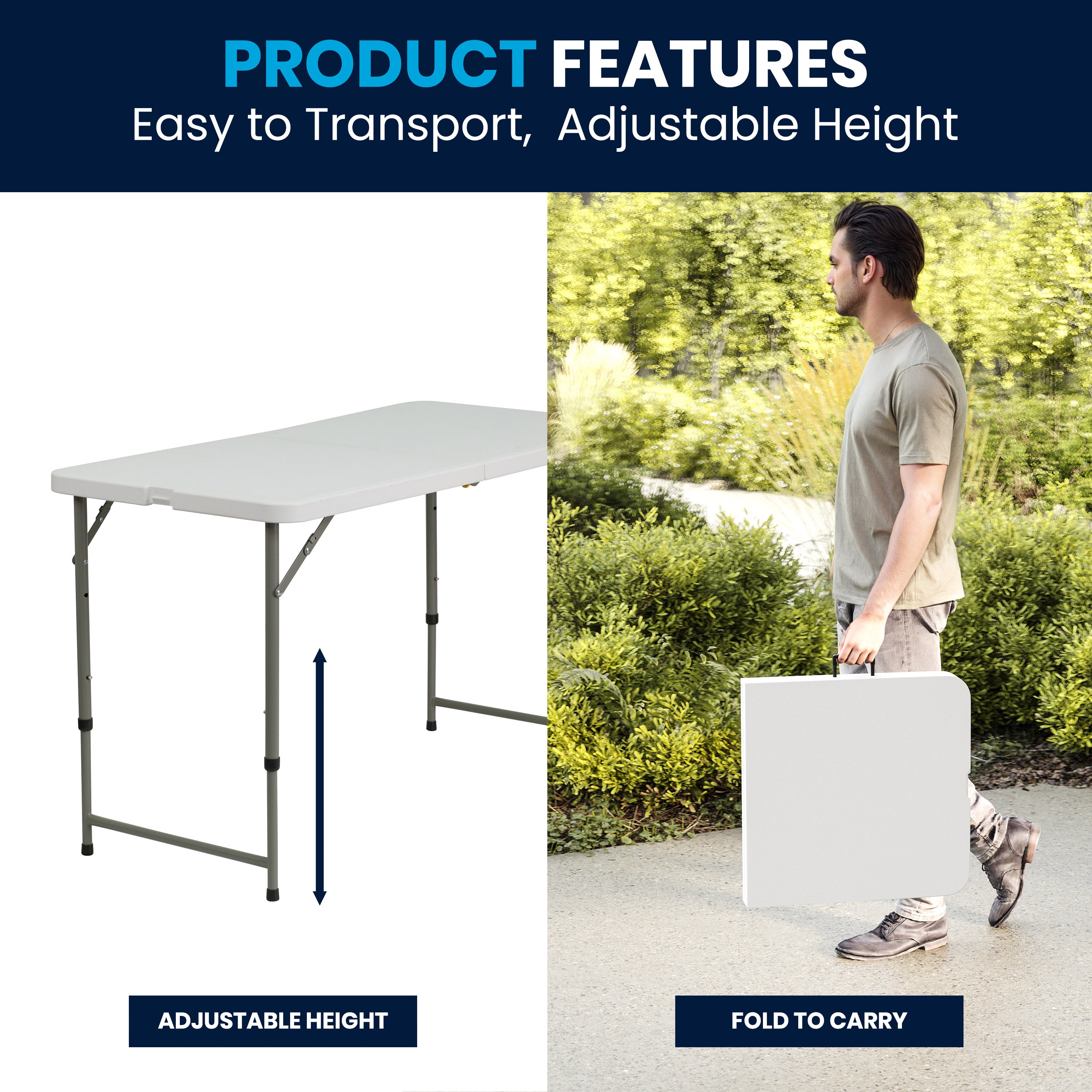 Elon 4-Foot Height Adjustable Bi-Fold Granite White Plastic Folding Table