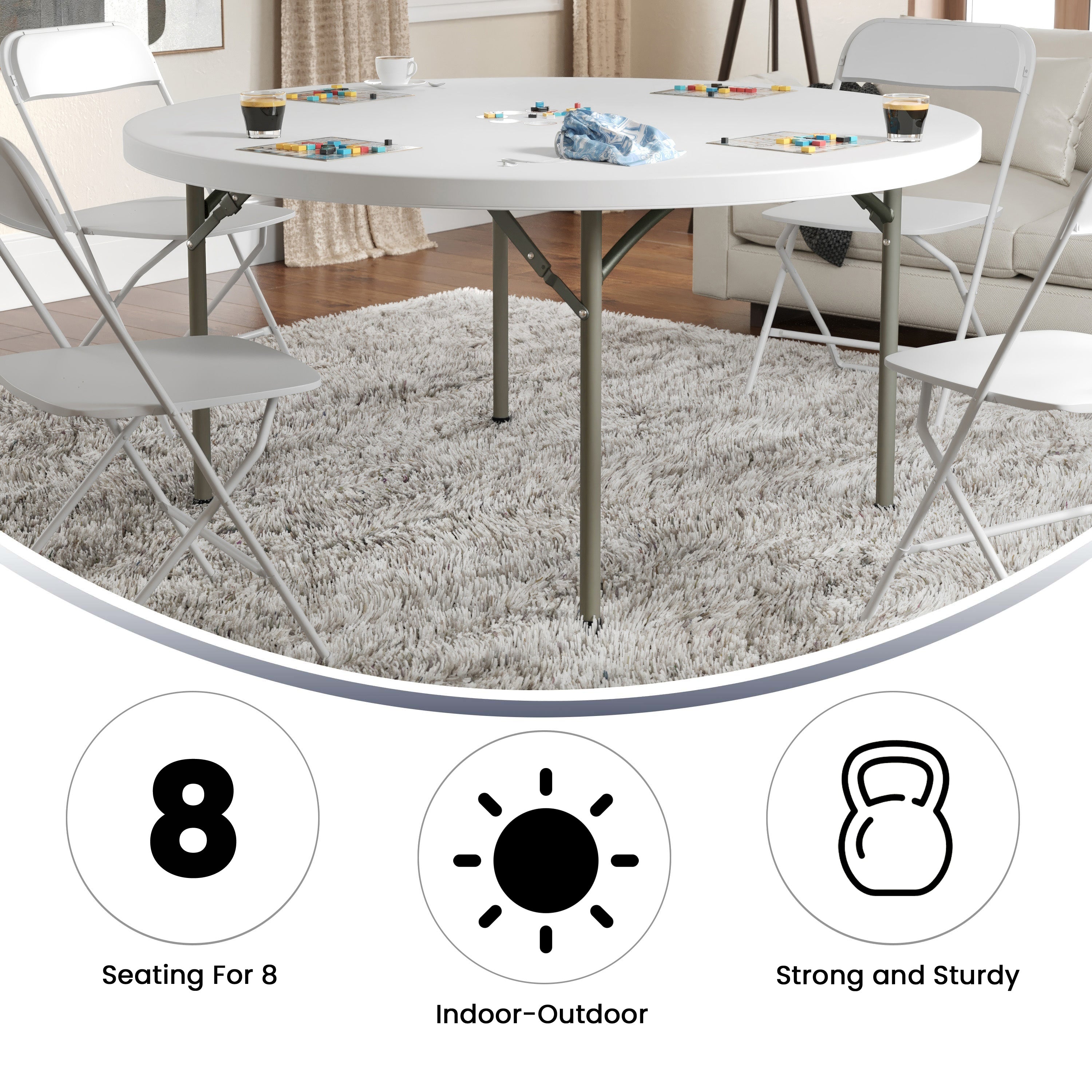 Elon 5-Foot Round Granite White Plastic Folding Table
