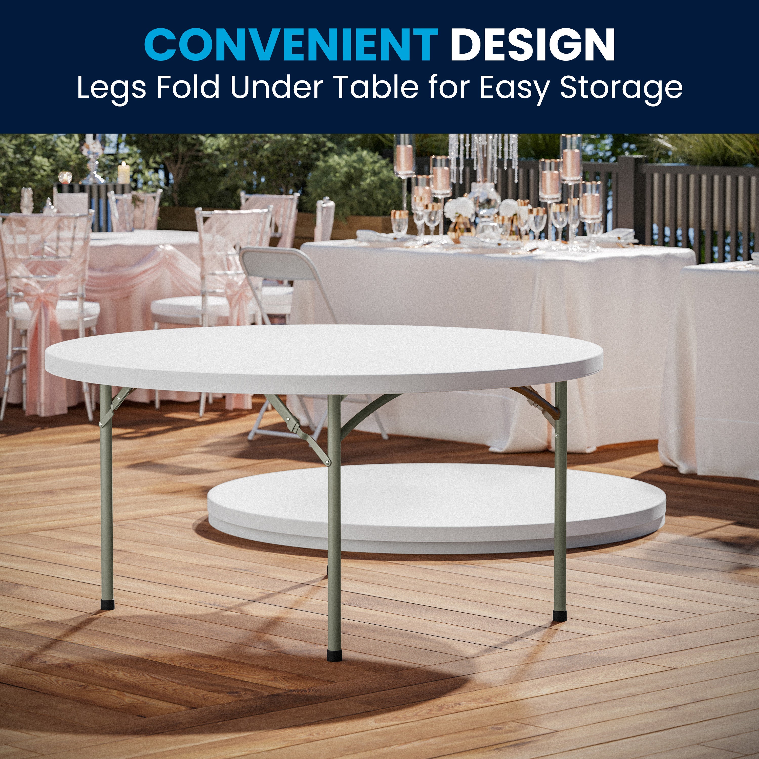 Elon 5-Foot Round Granite White Plastic Folding Table