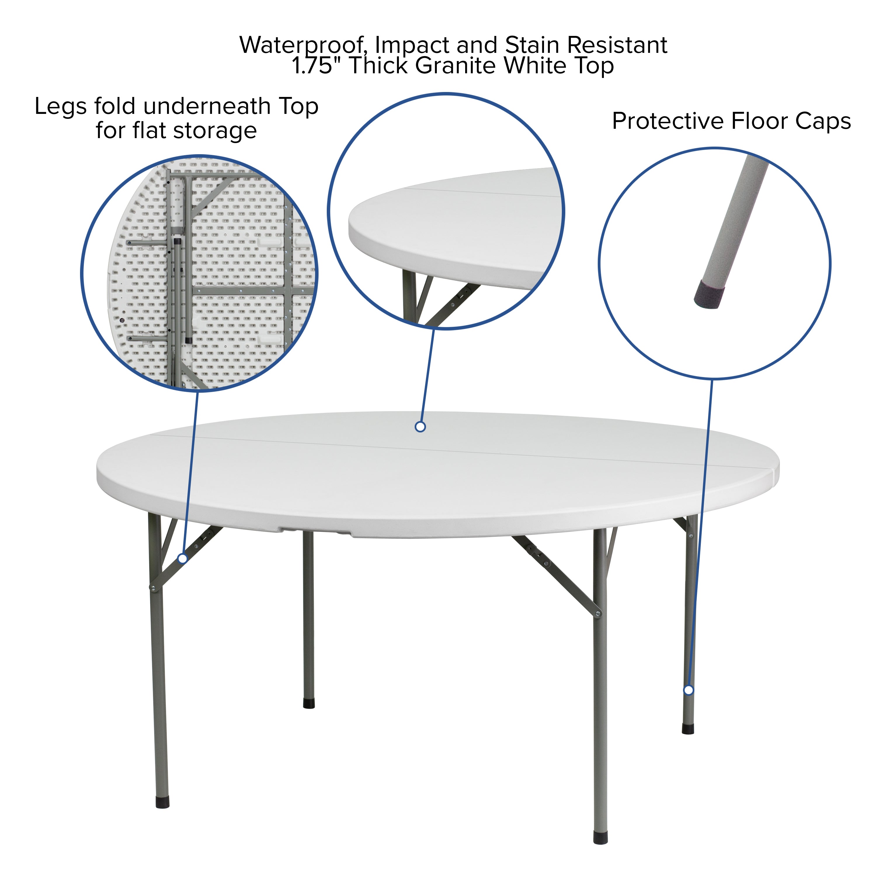 Elon 5-Foot Round Granite White Plastic Folding Table