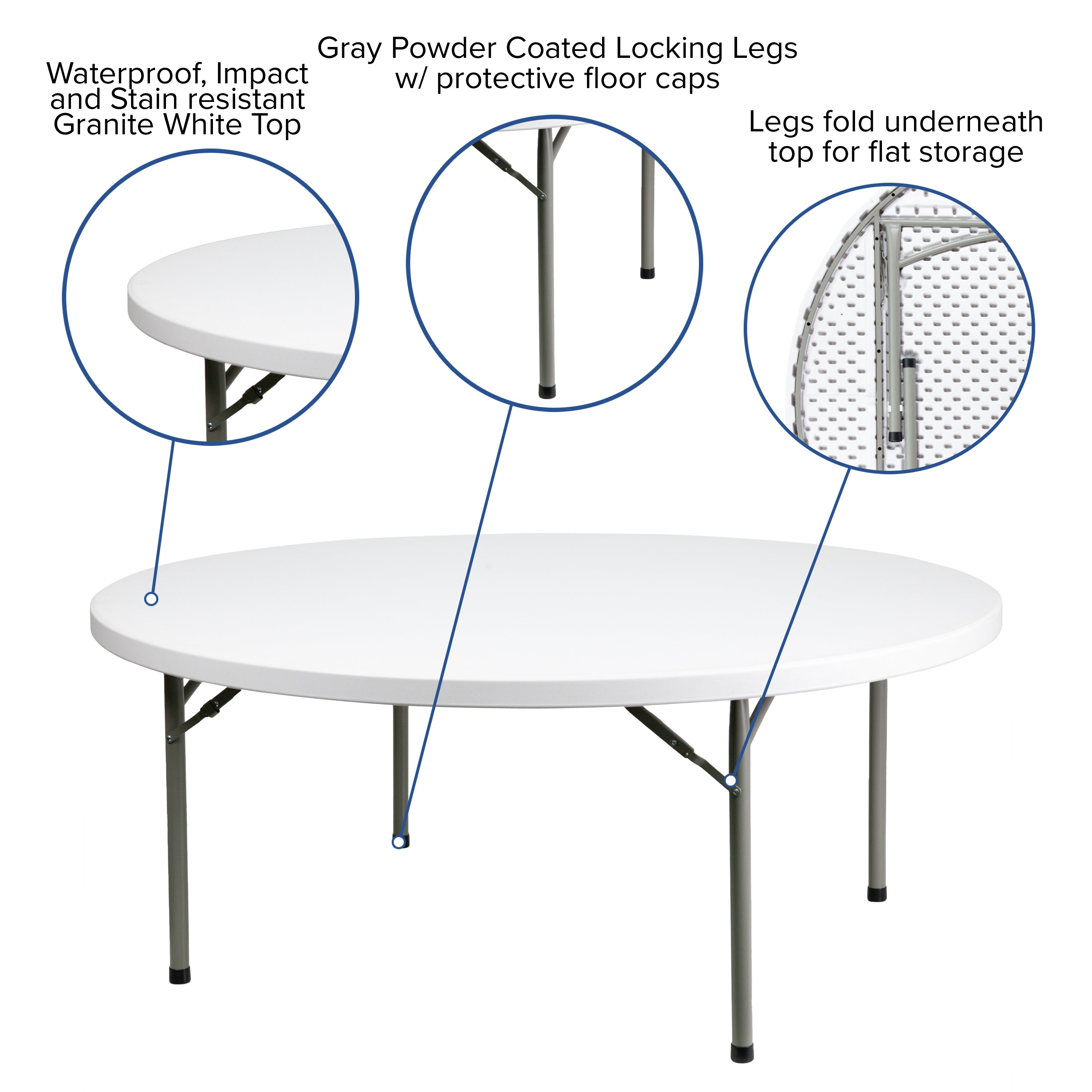 Elon 6-Foot Round Granite White Plastic Folding Table