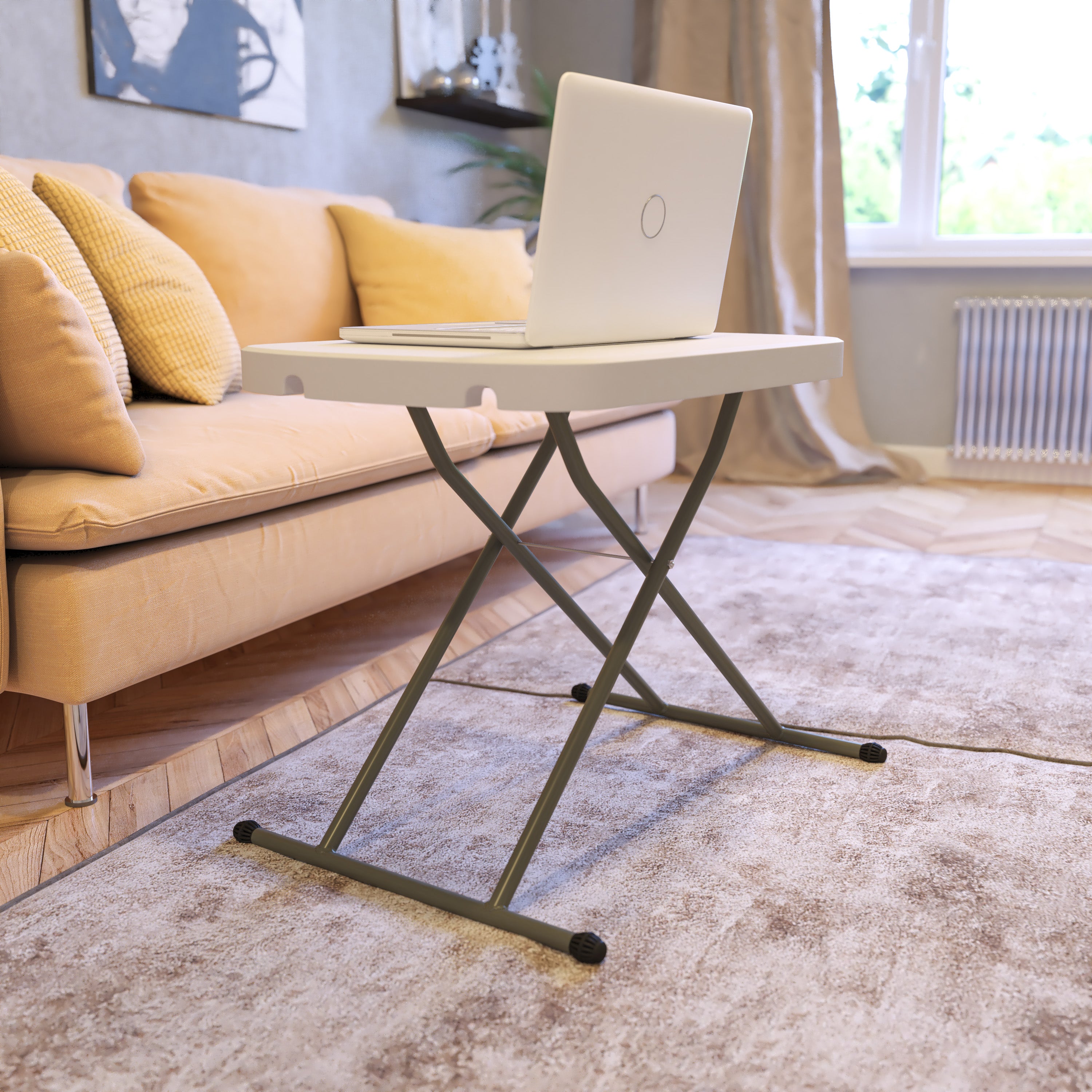 Elon 26 Inch Granite White Indoor/Outdoor Plastic Folding Table, Adjustable Height Commercial Grade Side Table, Laptop Table, TV Tray