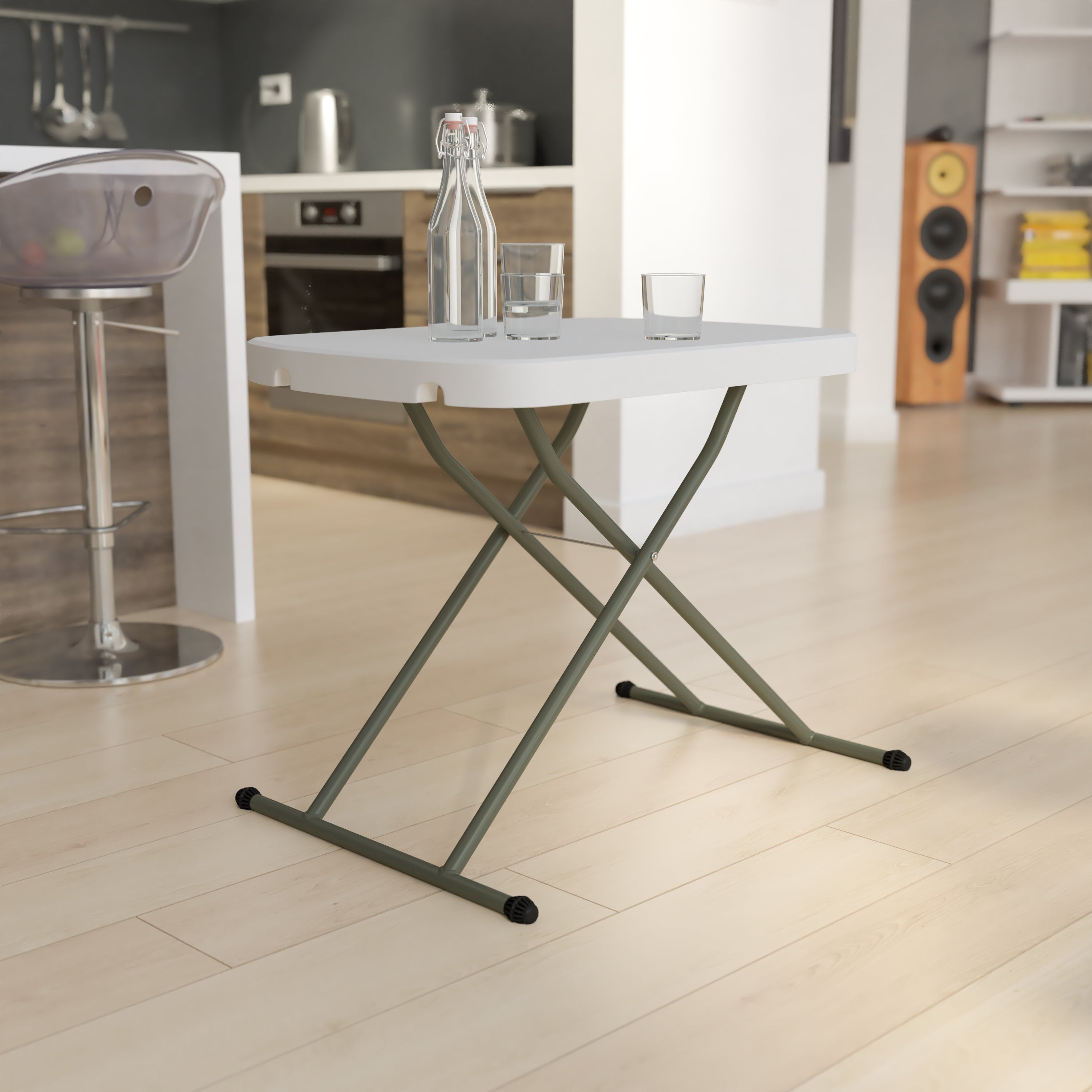 Elon 26 Inch Granite White Indoor/Outdoor Plastic Folding Table, Adjustable Height Commercial Grade Side Table, Laptop Table, TV Tray