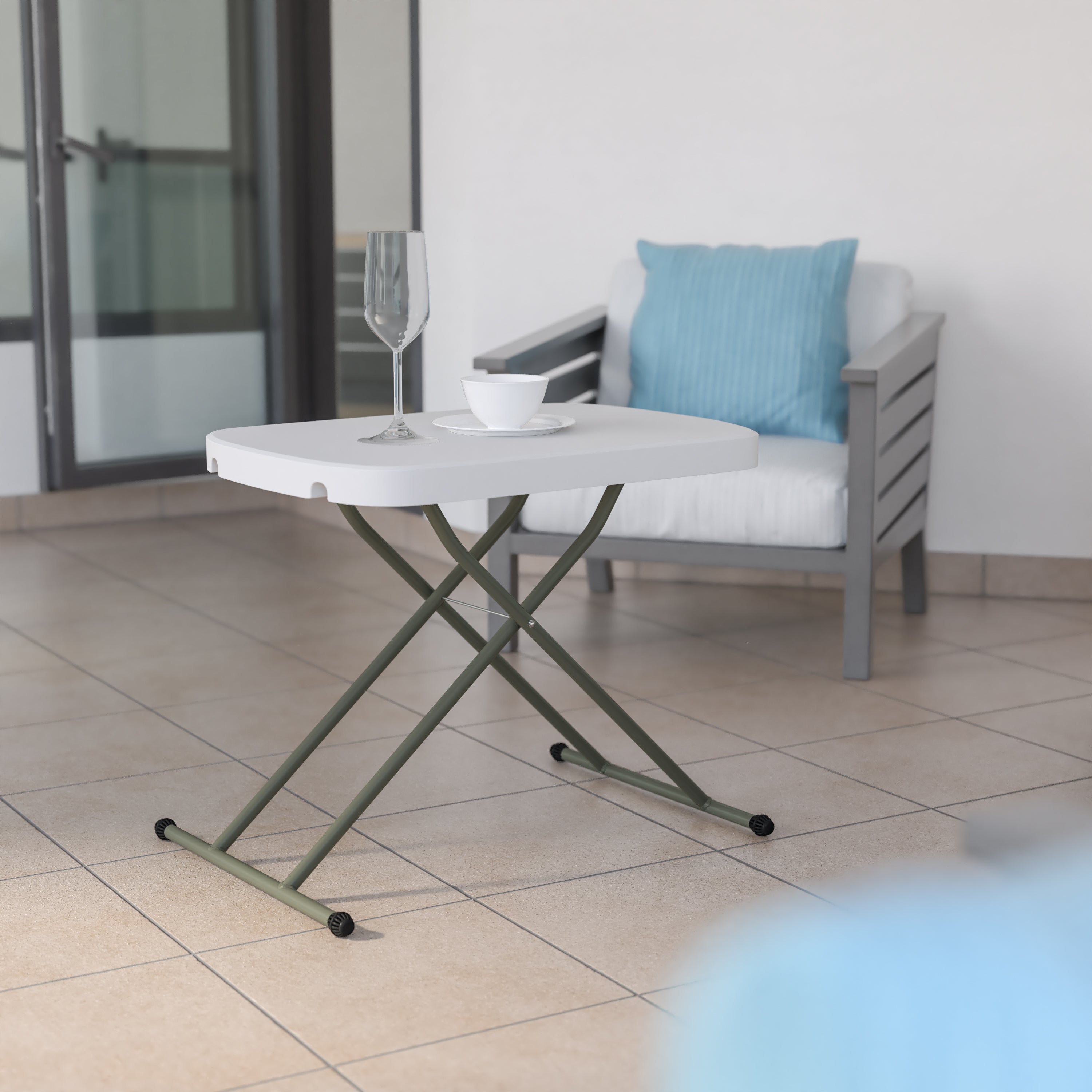 Elon 26 Inch Granite White Indoor/Outdoor Plastic Folding Table, Adjustable Height Commercial Grade Side Table, Laptop Table, TV Tray