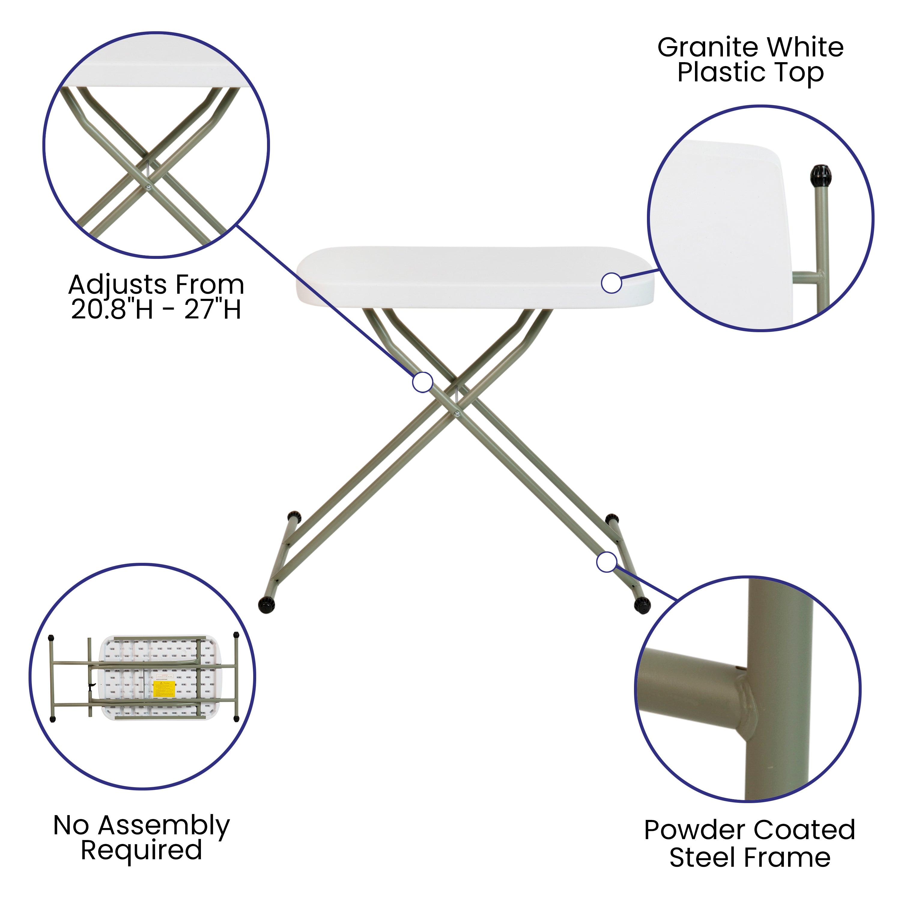 Elon 26 Inch Granite White Indoor/Outdoor Plastic Folding Table, Adjustable Height Commercial Grade Side Table, Laptop Table, TV Tray