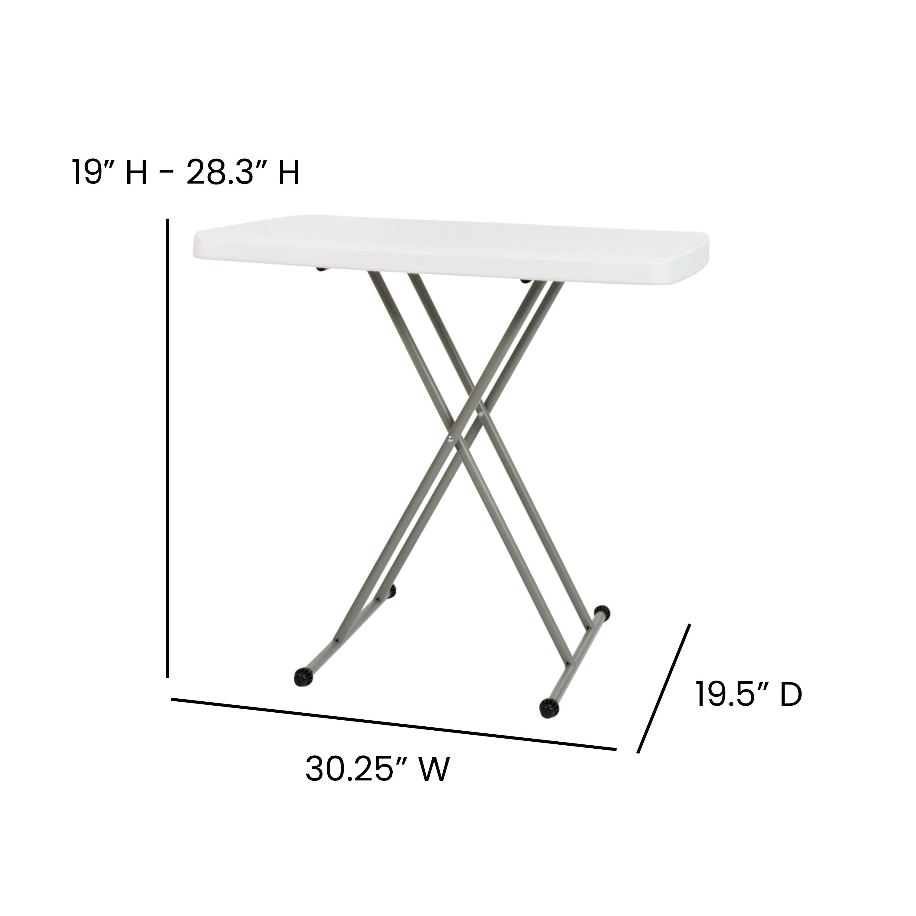 Elon 30 Inch Granite White Indoor/Outdoor Plastic Folding Table, Adjustable Height Commercial Grade Side Table, Laptop Table, TV Tray