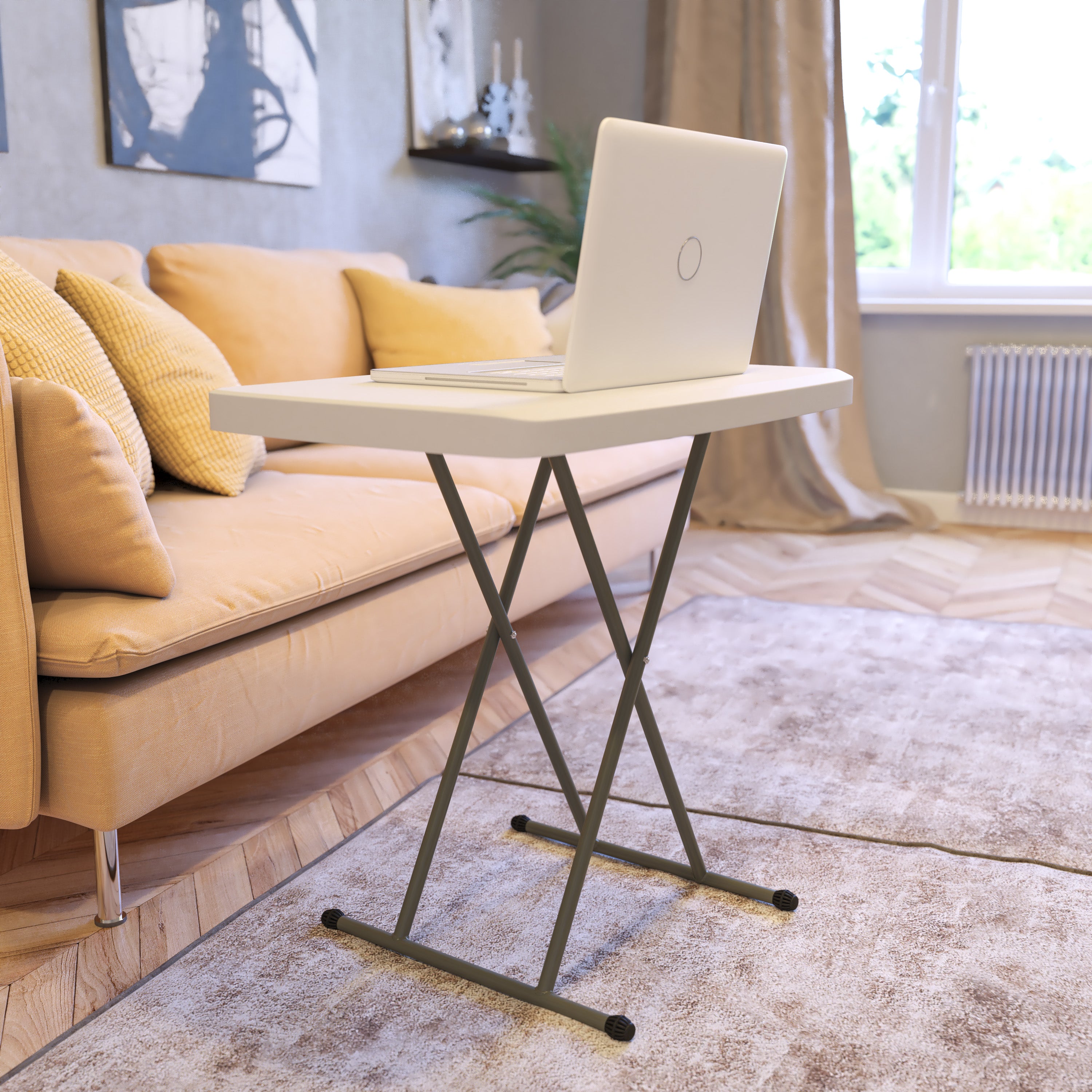 Elon 30 Inch Granite White Indoor/Outdoor Plastic Folding Table, Adjustable Height Commercial Grade Side Table, Laptop Table, TV Tray