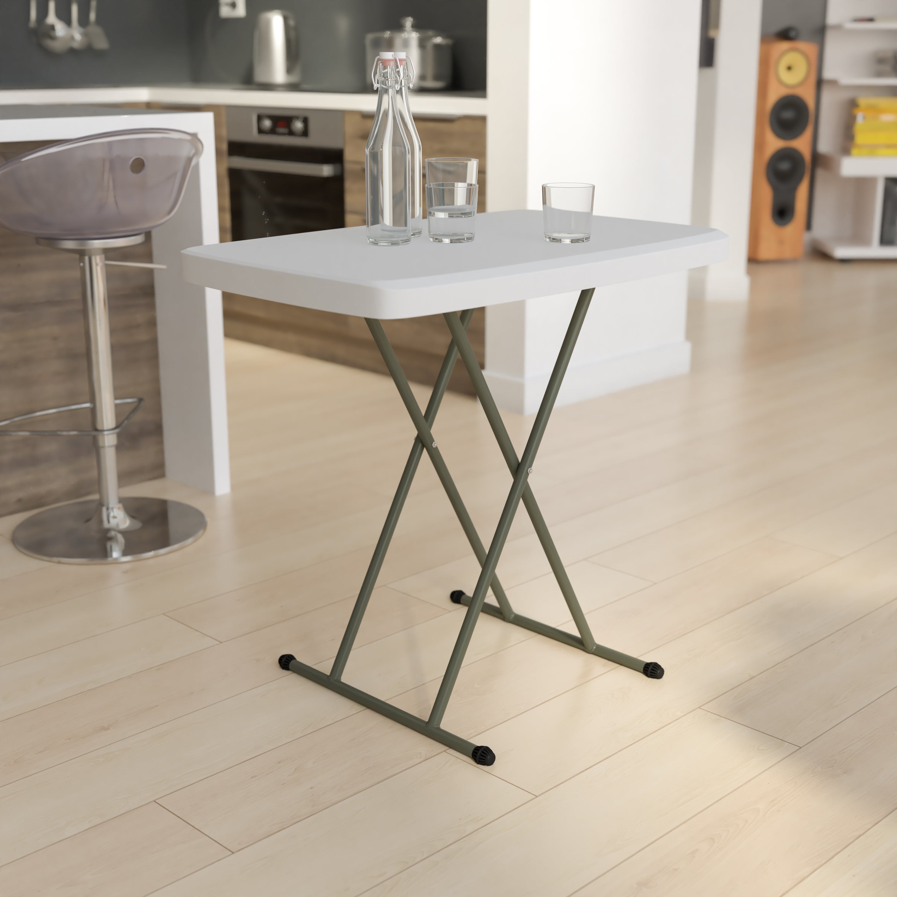 Elon 30 Inch Granite White Indoor/Outdoor Plastic Folding Table, Adjustable Height Commercial Grade Side Table, Laptop Table, TV Tray