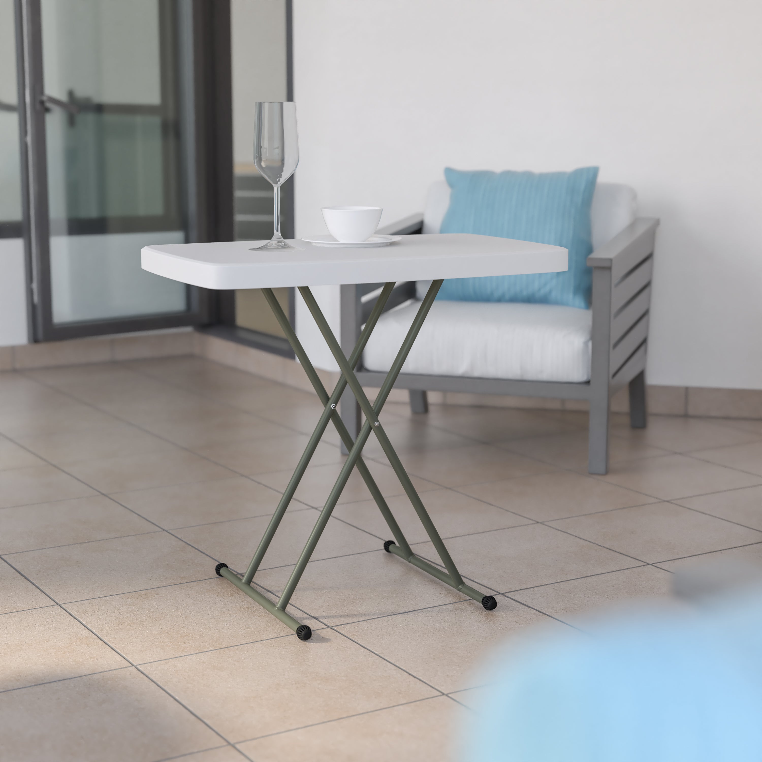 Elon 30 Inch Granite White Indoor/Outdoor Plastic Folding Table, Adjustable Height Commercial Grade Side Table, Laptop Table, TV Tray