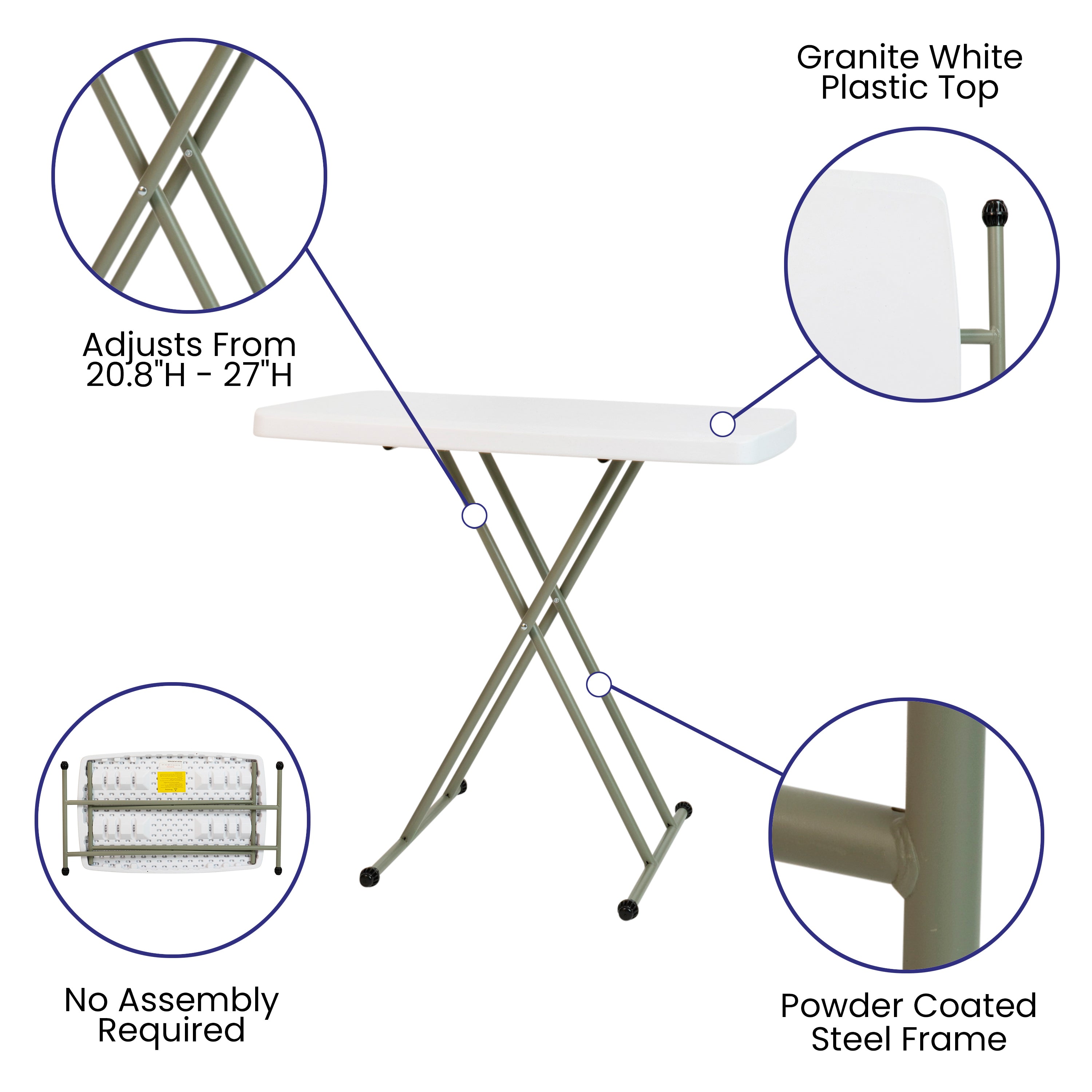 Elon 30 Inch Granite White Indoor/Outdoor Plastic Folding Table, Adjustable Height Commercial Grade Side Table, Laptop Table, TV Tray