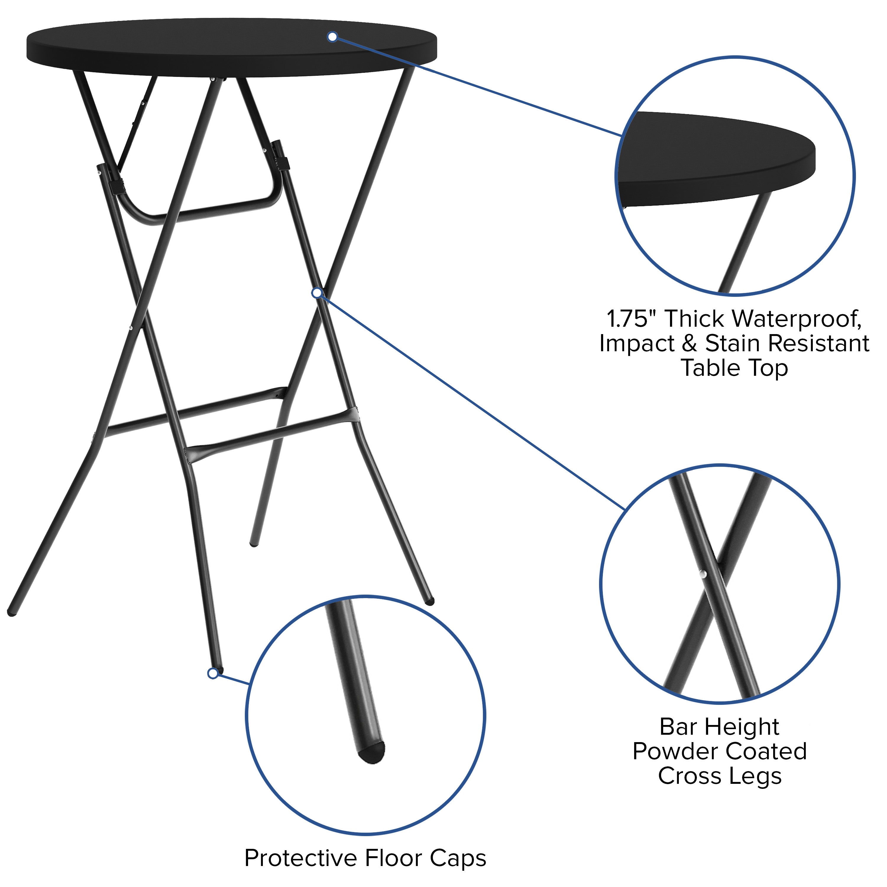Elon Commercial Grade 2.6-Foot Round Black Indoor/Outdoor Plastic Bar Height Folding Table