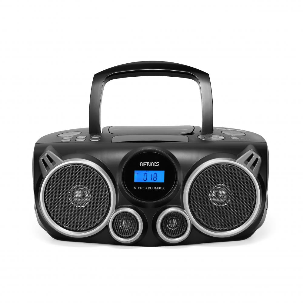 Riptunes CD MP3 Boombox Stereo AM FM Radio with Bluetooth Aux-in USB SD Playback, AC/DC Powered - Black