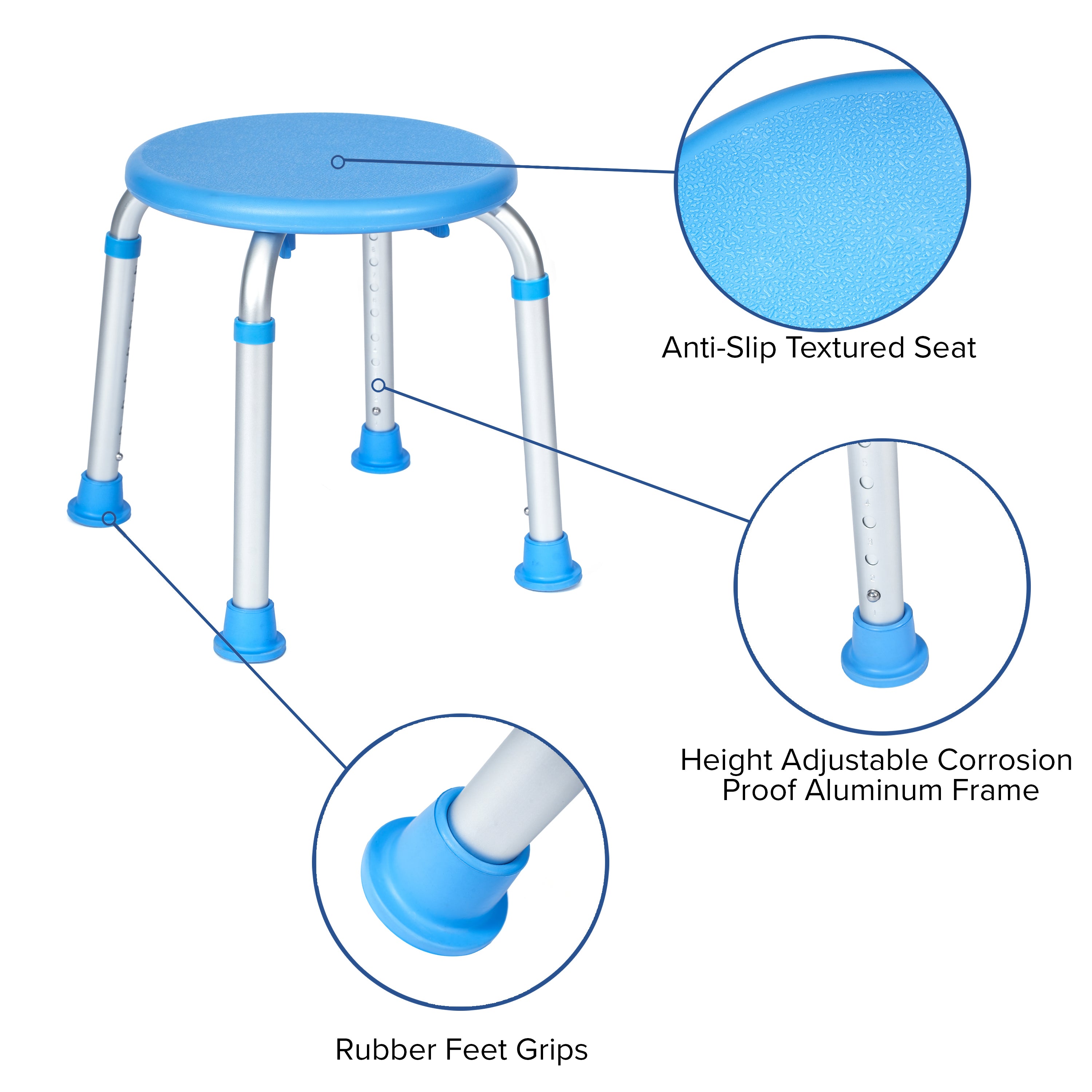 HERCULES Adjustable Bath & Shower Stool with Height-Adjust Frame, 300 lbs. Static Weight Capacity, and Tool-Free Assembly in Blue
