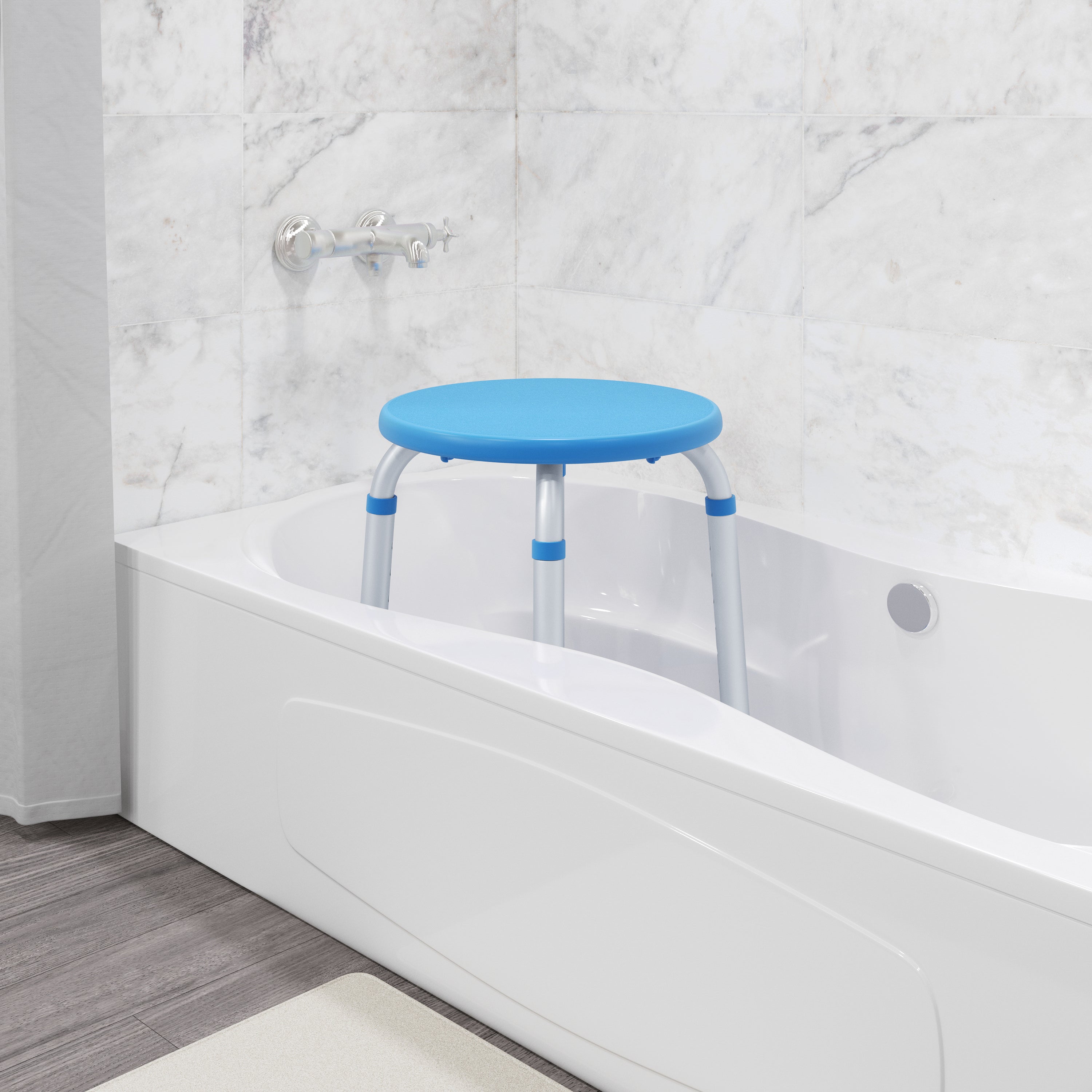 HERCULES Adjustable Bath & Shower Stool with Height-Adjust Frame, 300 lbs. Static Weight Capacity, and Tool-Free Assembly in Blue