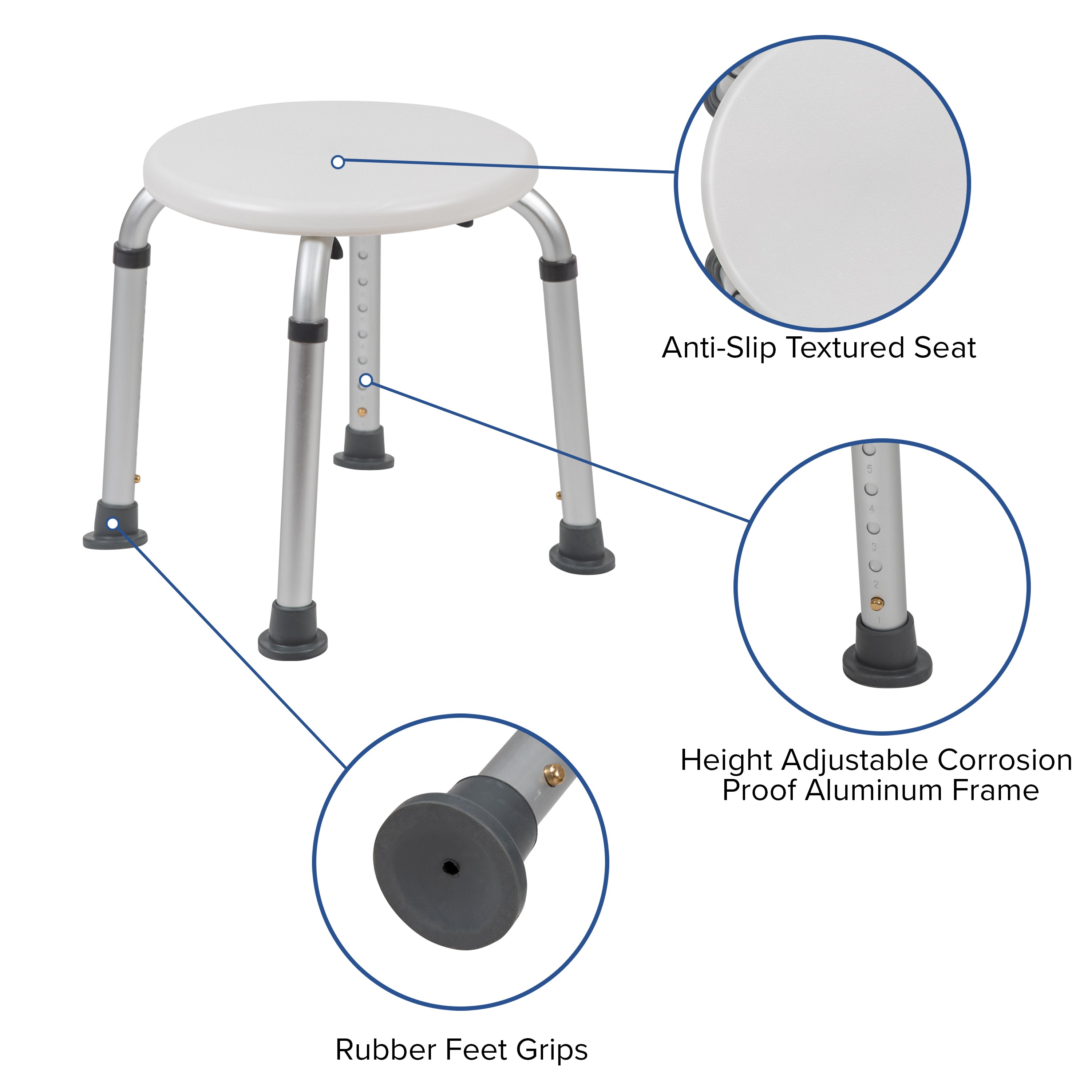 HERCULES Series Tool-Free and Quick Assembly, 300 Lb. Capacity, Adjustable White Bath & Shower Stool