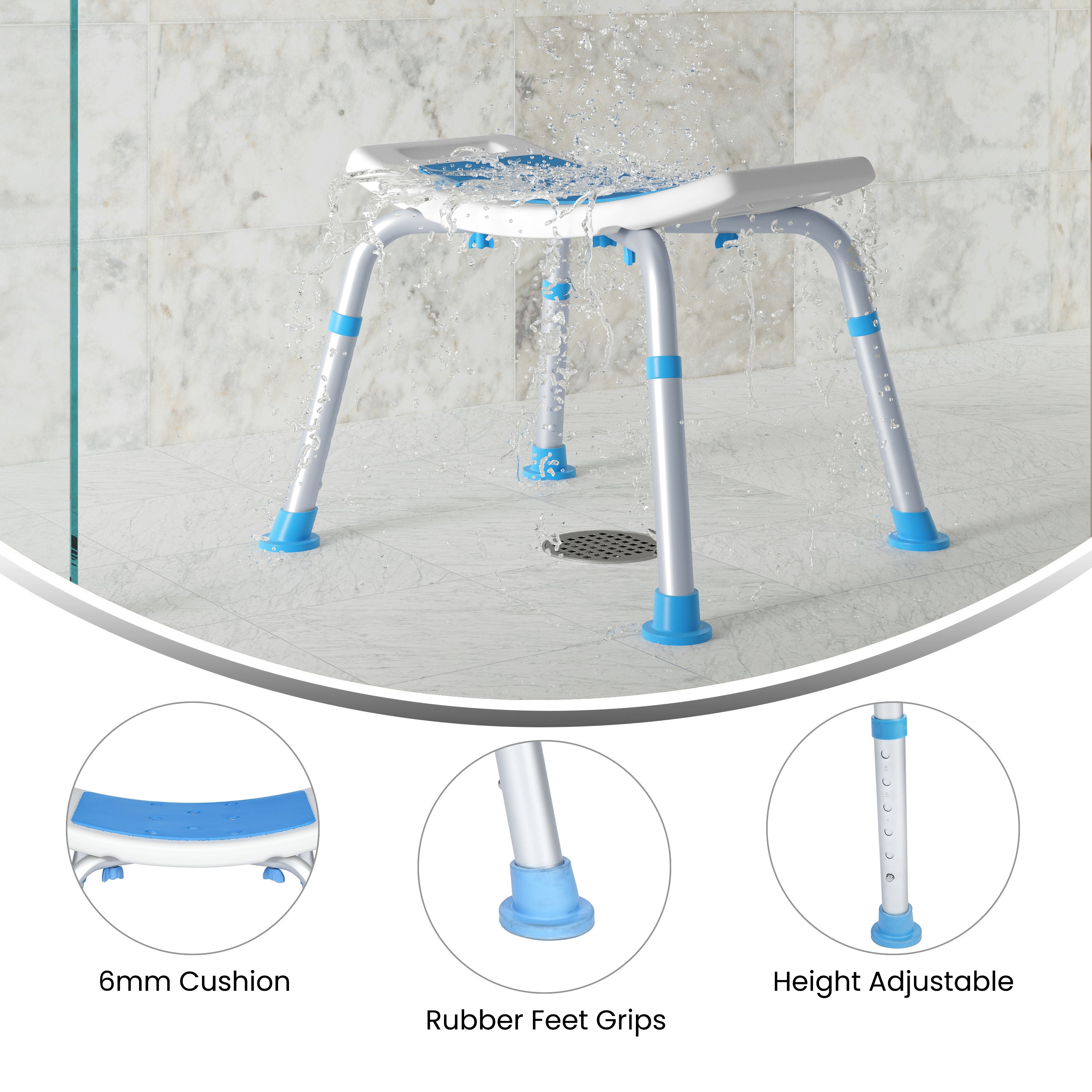 HERCULES Padded Shower Stool with Adjustable Height, Non-Slip Feet and Seat Pad in White/Blue