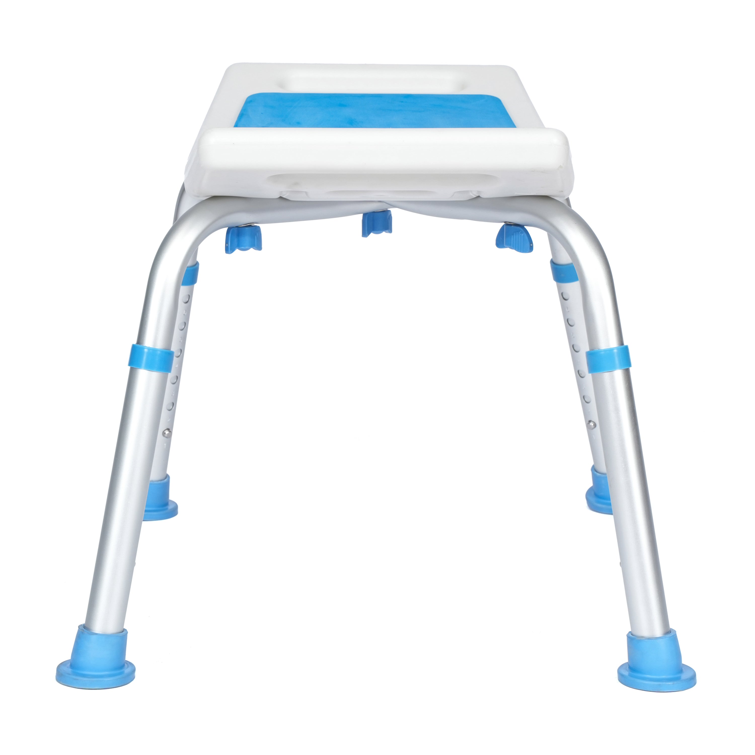HERCULES Padded Shower Stool with Adjustable Height, Non-Slip Feet and Seat Pad in White/Blue