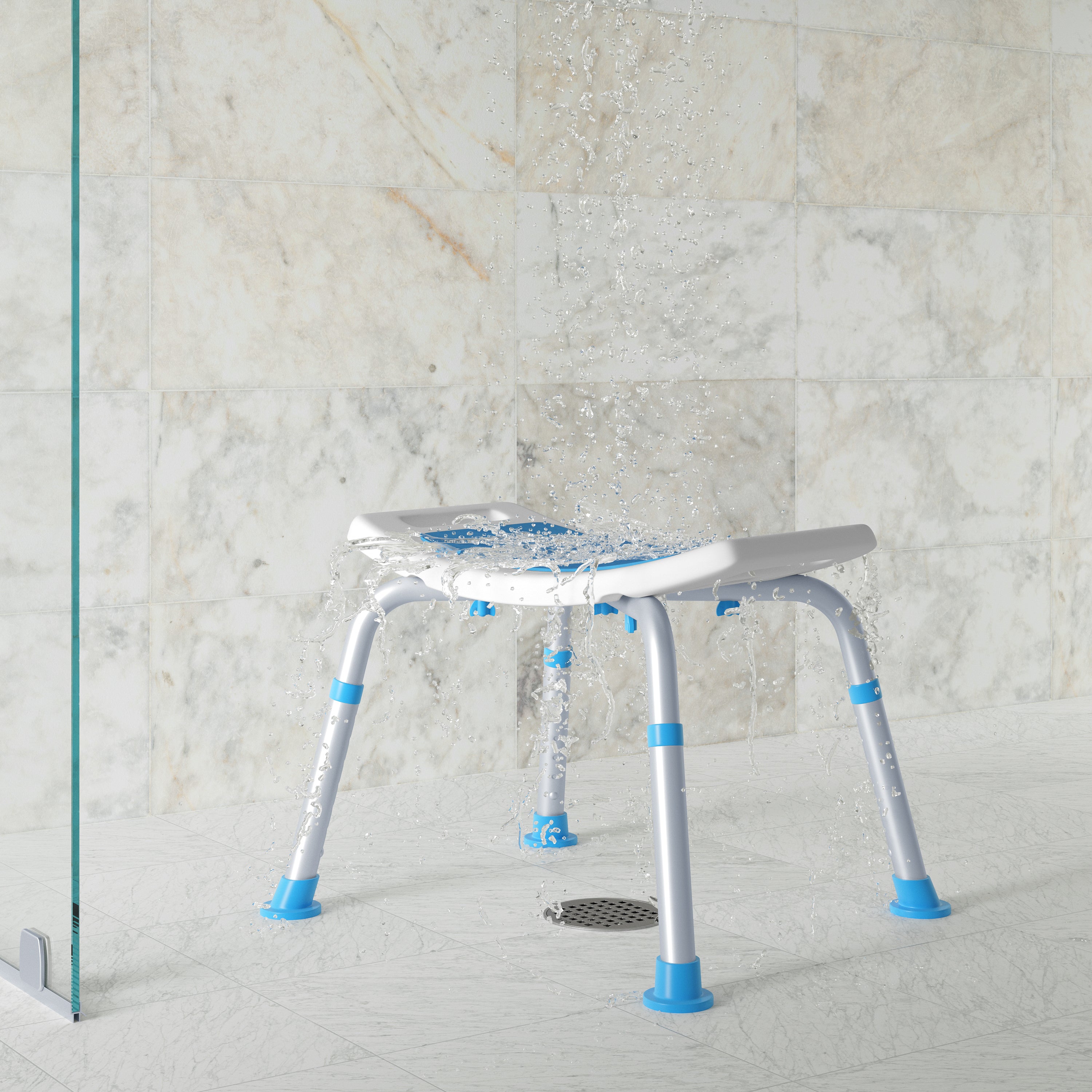 HERCULES Padded Shower Stool with Adjustable Height, Non-Slip Feet and Seat Pad in White/Blue