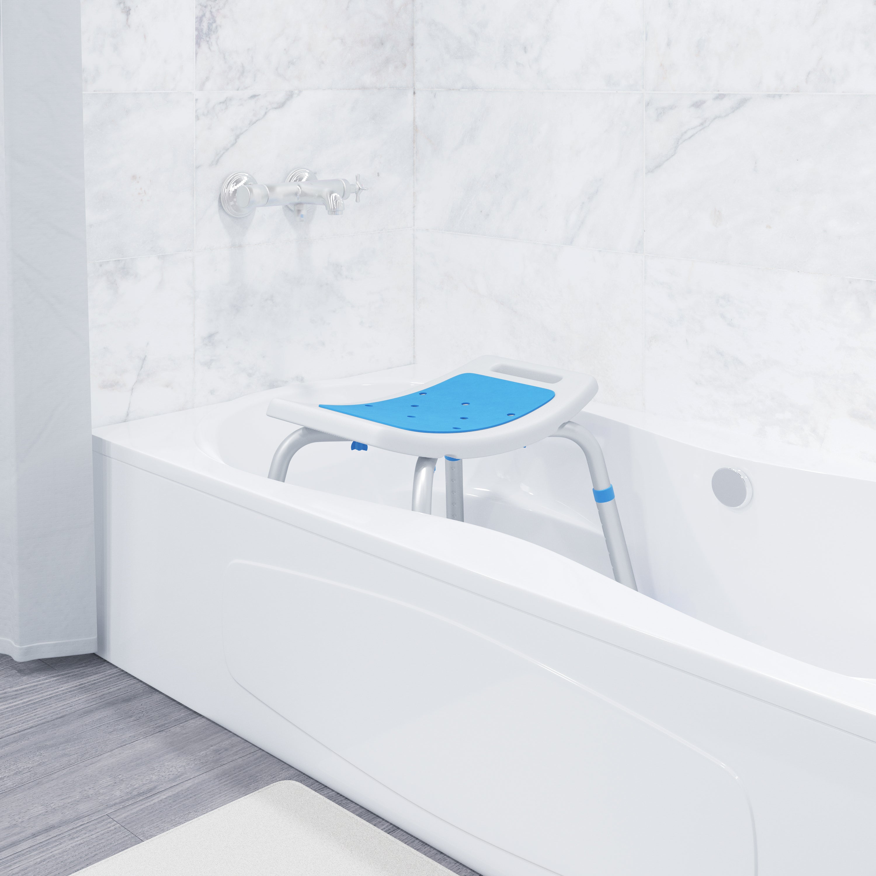 HERCULES Padded Shower Stool with Adjustable Height, Non-Slip Feet and Seat Pad in White/Blue
