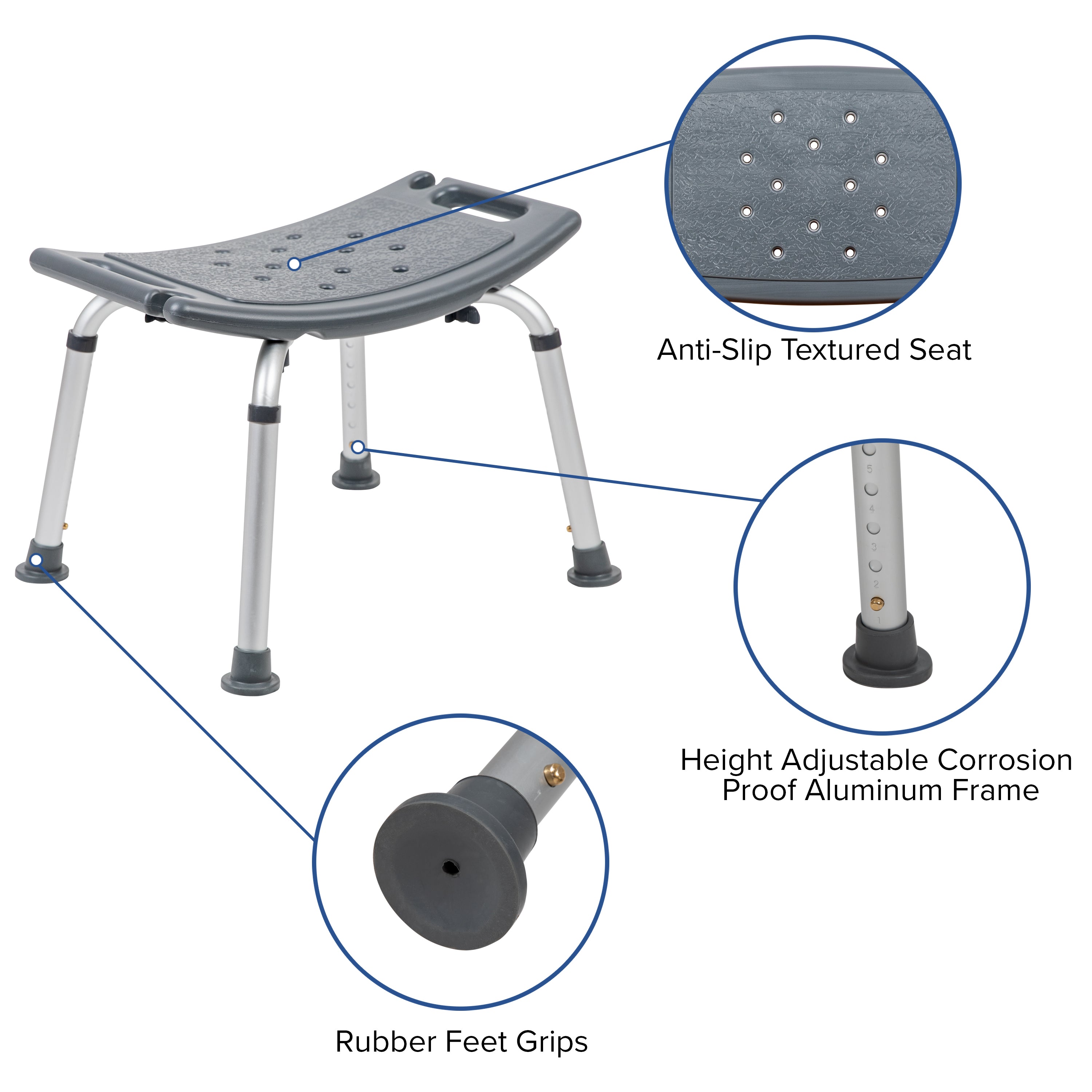 HERCULES Series Tool-Free and Quick Assembly, 300 Lb. Capacity, Adjustable Gray Bath & Shower Chair with Non-slip Feet