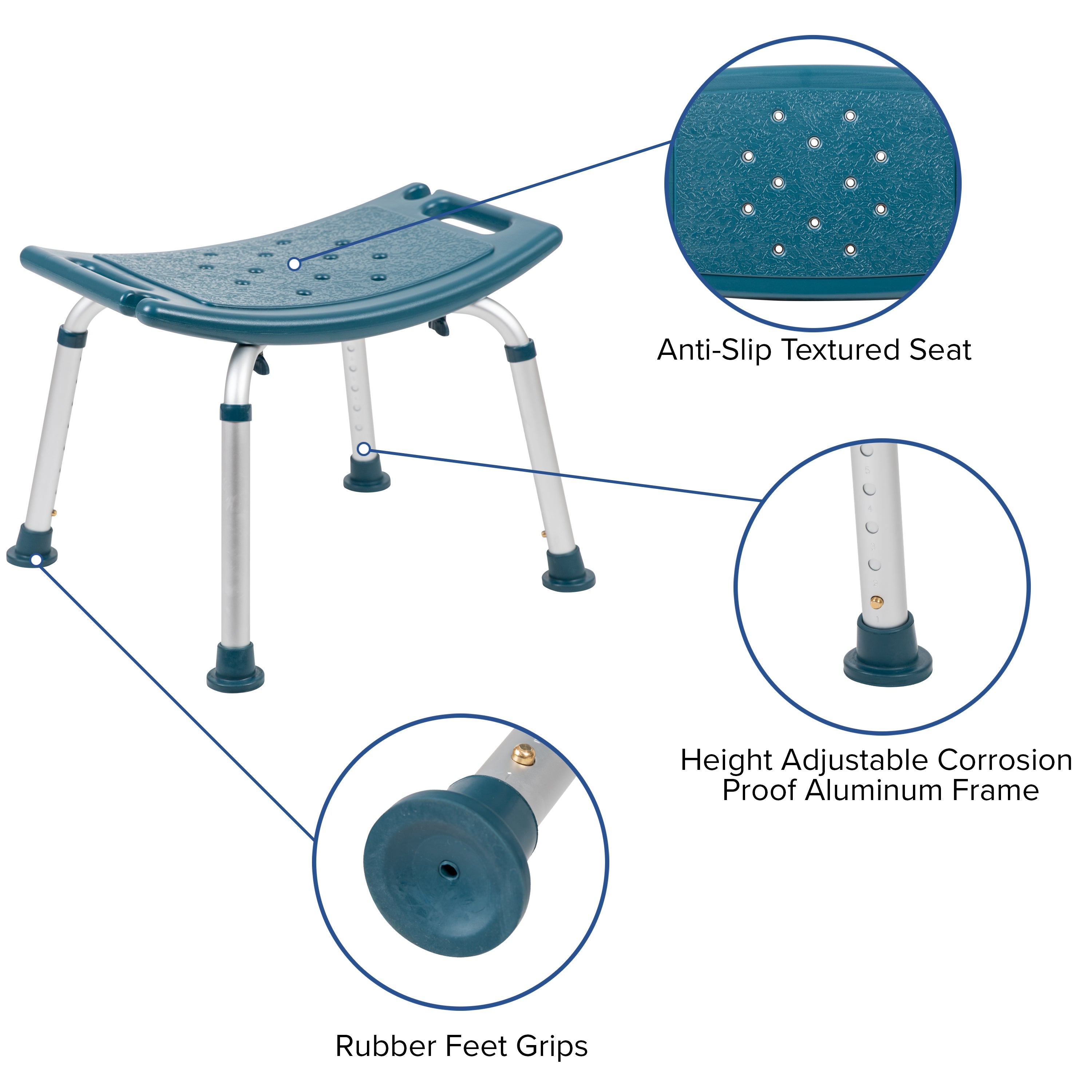 HERCULES Series Tool-Free and Quick Assembly, 300 Lb. Capacity, Adjustable Navy Bath & Shower Chair with Non-slip Feet