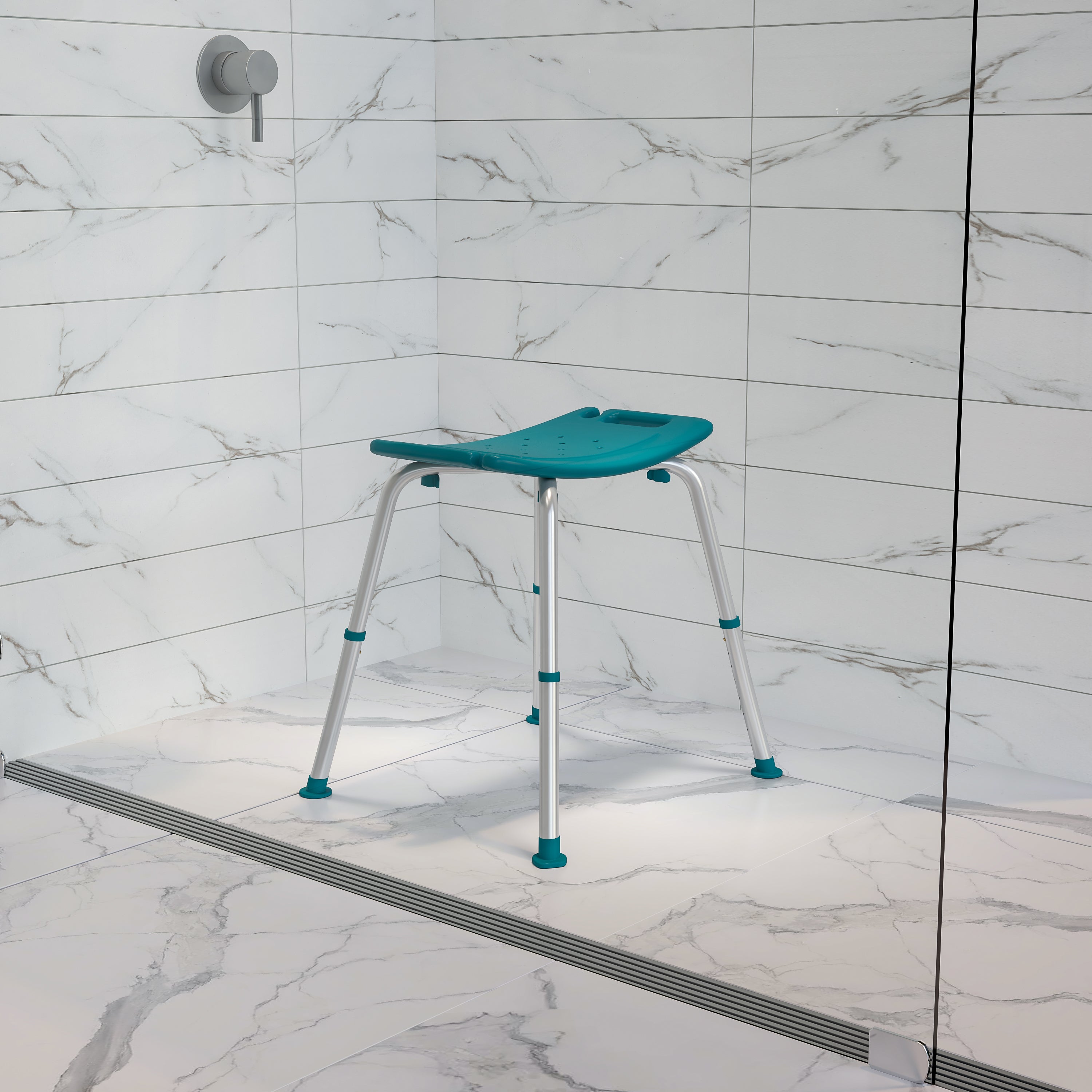 HERCULES Series Tool-Free and Quick Assembly, 300 Lb. Capacity, Adjustable Teal Bath & Shower Chair with Non-slip Feet