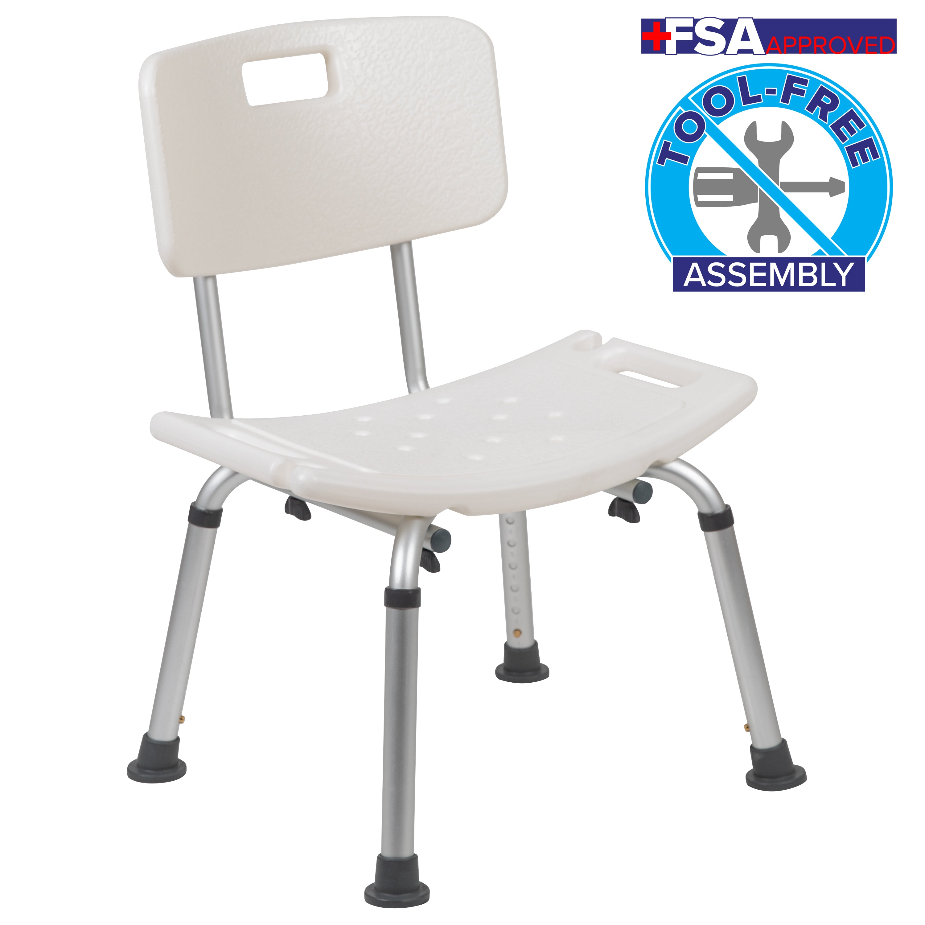 HERCULES Series Tool-Free and Quick Assembly, 300 Lb. Capacity, Adjustable White Bath & Shower Chair with Back