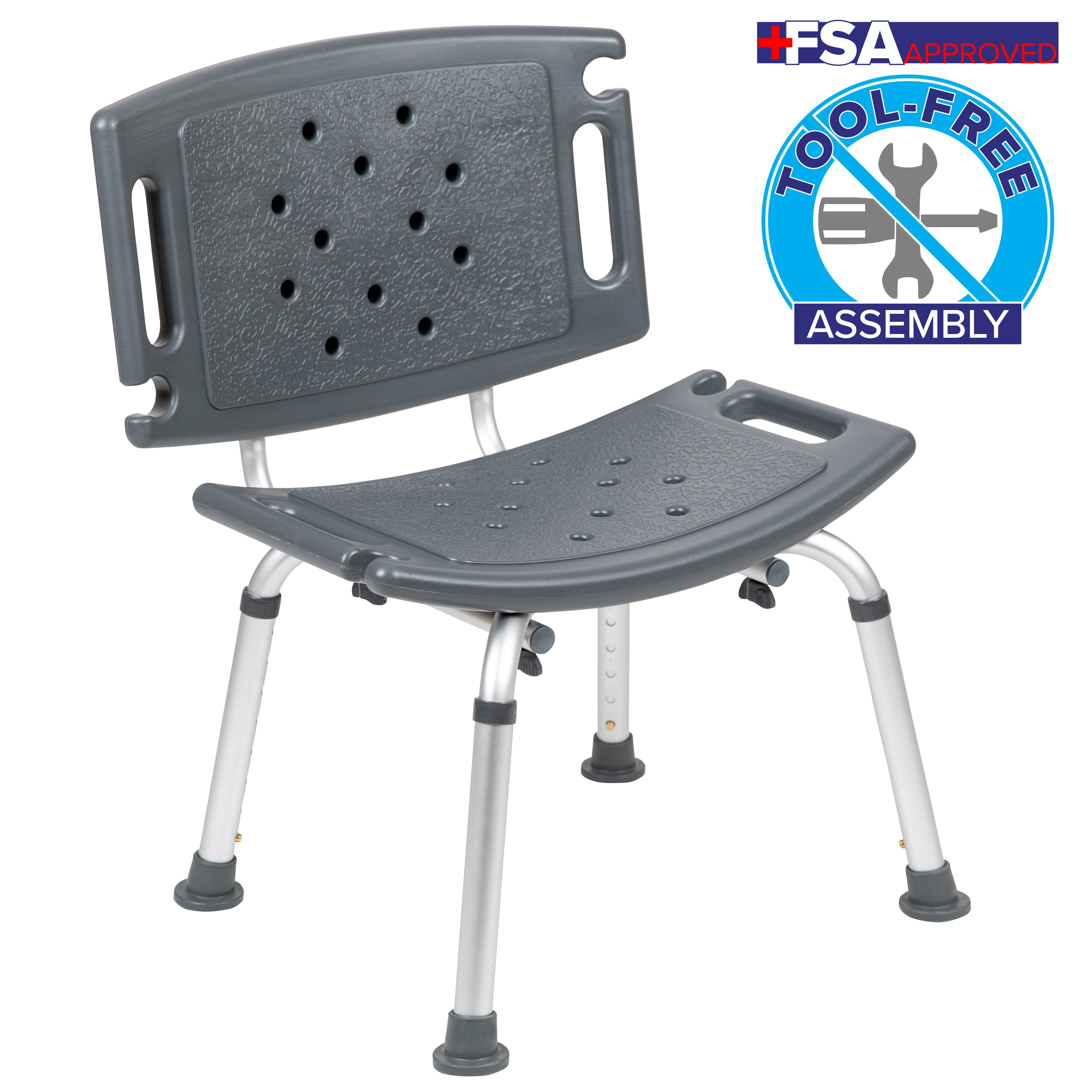HERCULES Series Tool-Free and Quick Assembly, 300 Lb. Capacity, Adjustable Gray Bath & Shower Chair with Extra Large Back