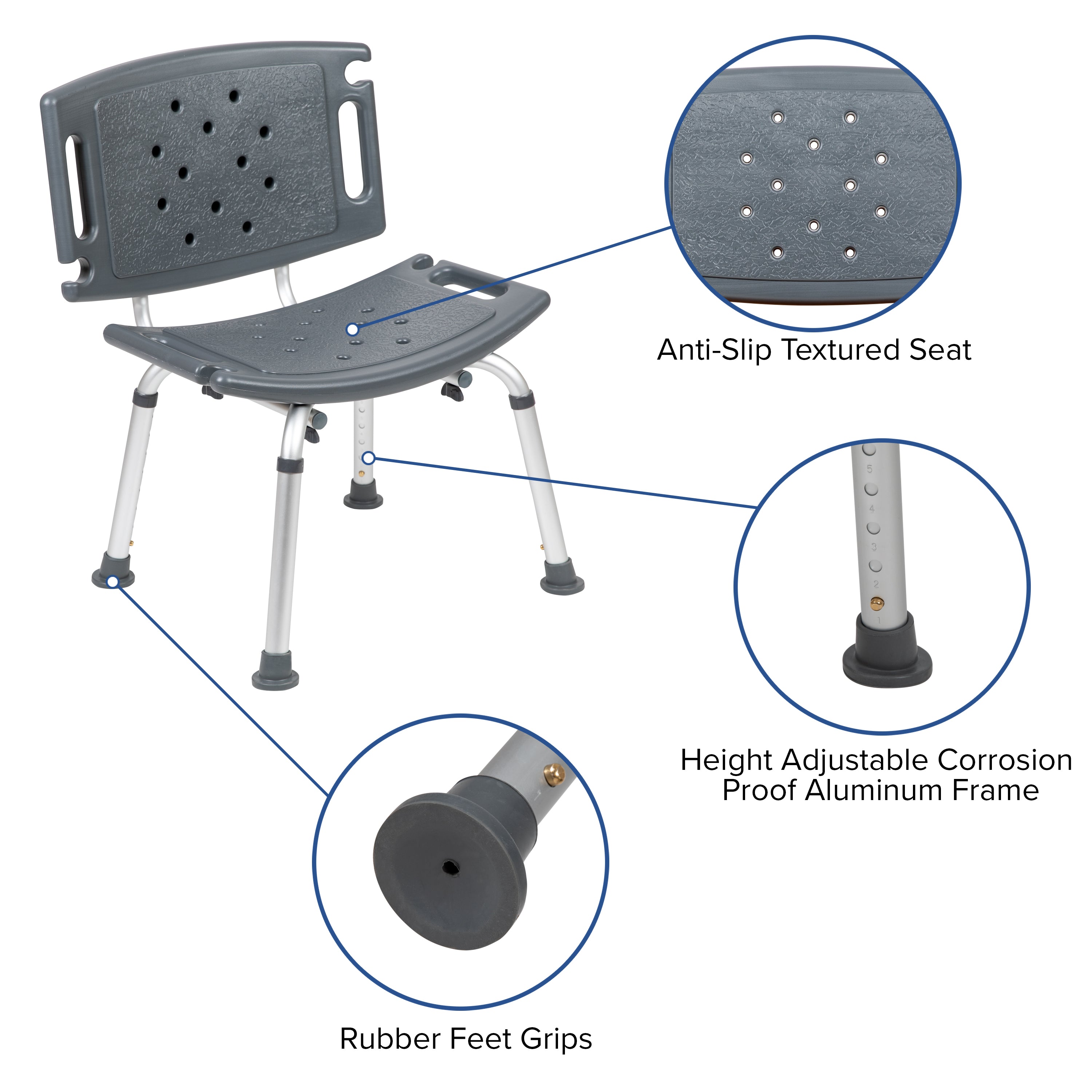 HERCULES Series Tool-Free and Quick Assembly, 300 Lb. Capacity, Adjustable Gray Bath & Shower Chair with Extra Large Back