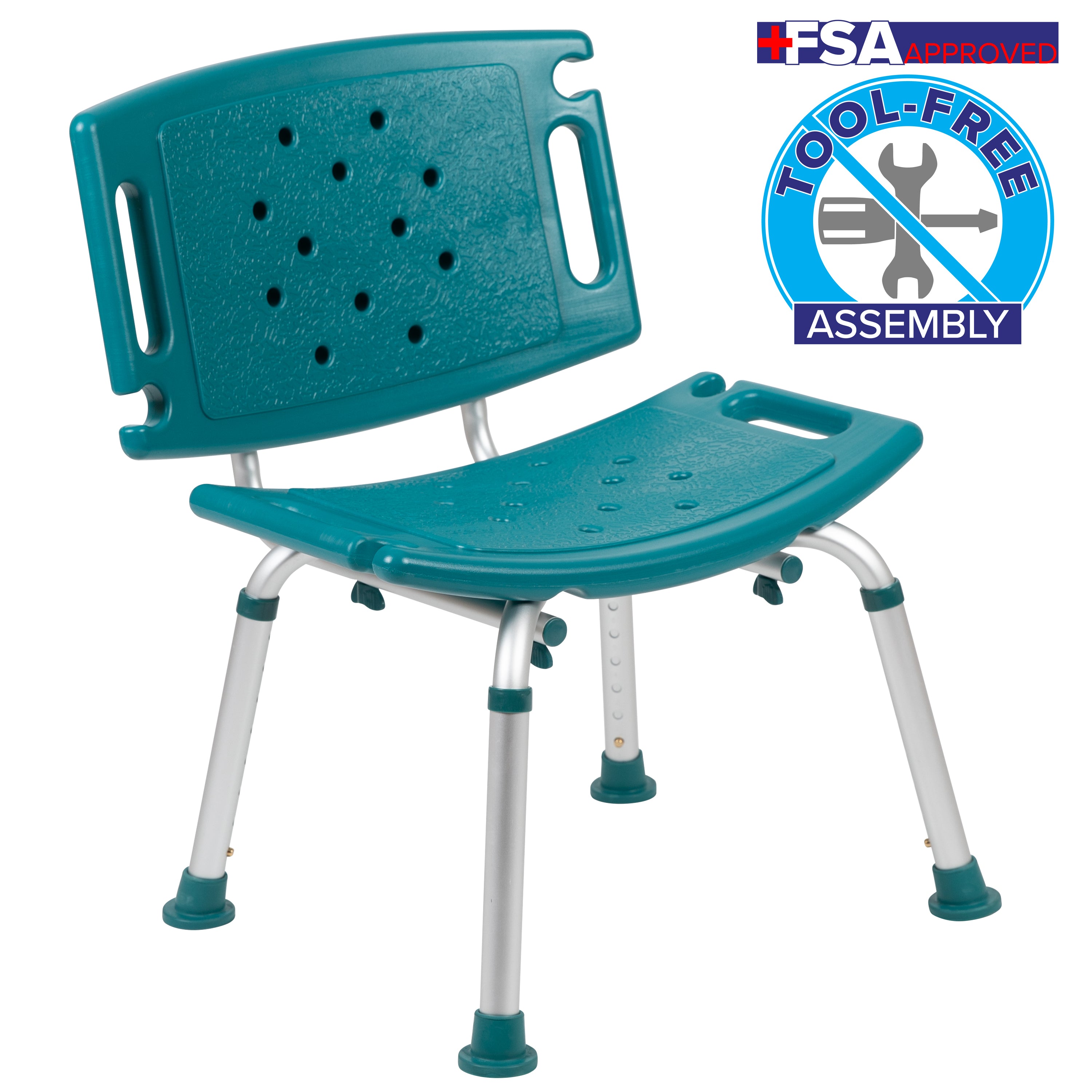HERCULES Series Tool-Free and Quick Assembly, 300 Lb. Capacity, Adjustable Teal Bath & Shower Chair with Extra Large Back