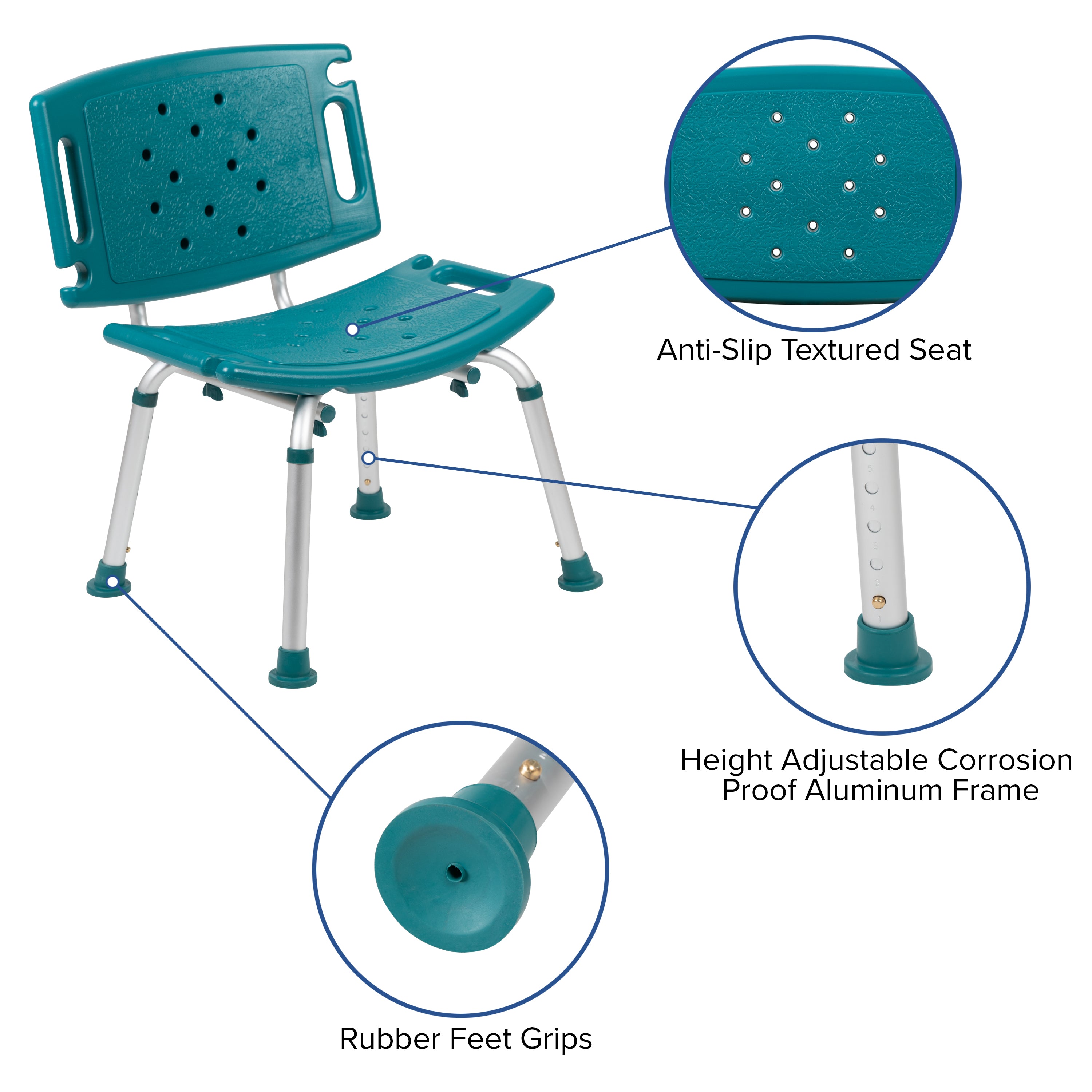 HERCULES Series Tool-Free and Quick Assembly, 300 Lb. Capacity, Adjustable Teal Bath & Shower Chair with Extra Large Back
