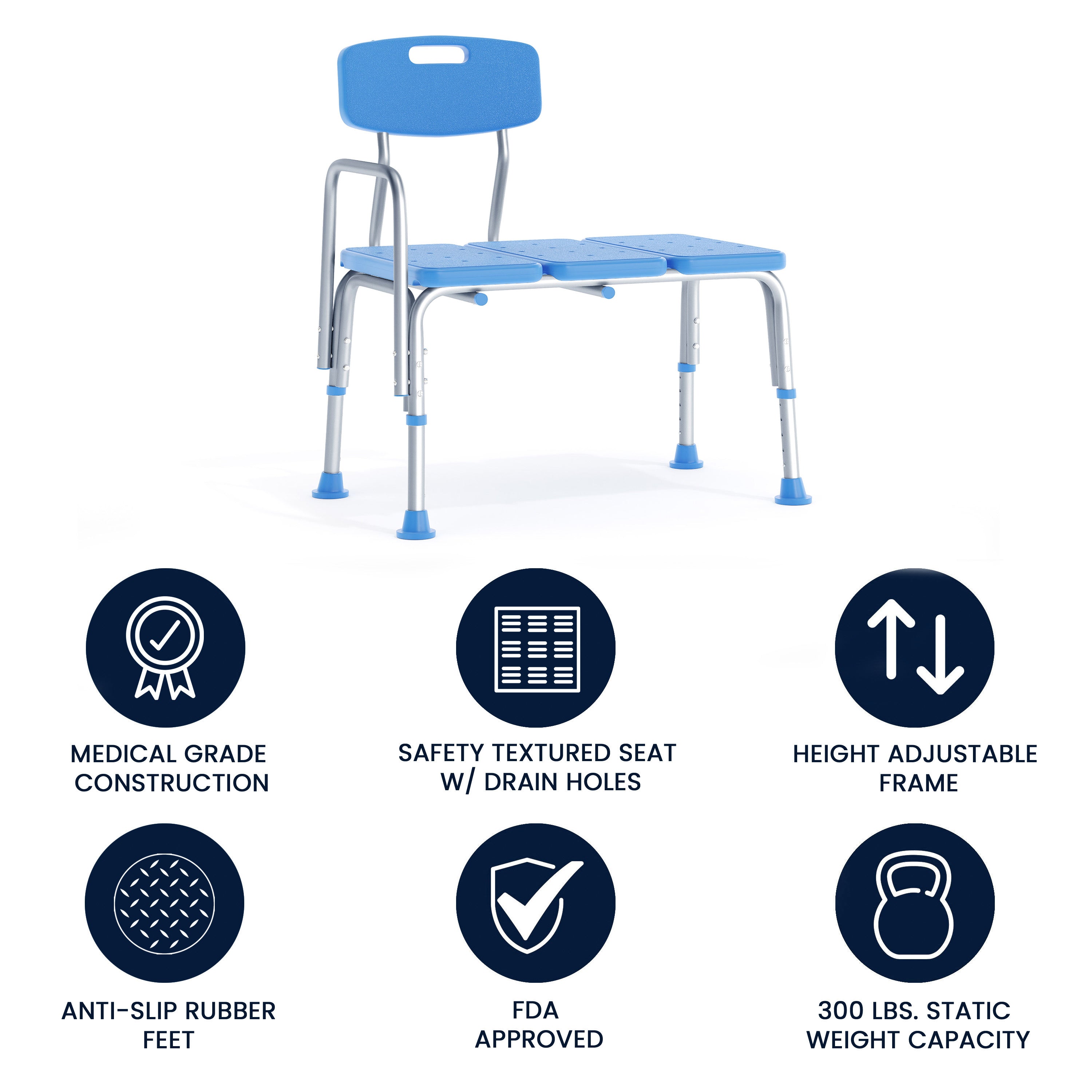HERCULES Adjustable Bath & Shower Transfer Bench with Height-Adjust Frame, Supportive Back, Side Arm, 300 lbs. Static Weight Capacity in Blue