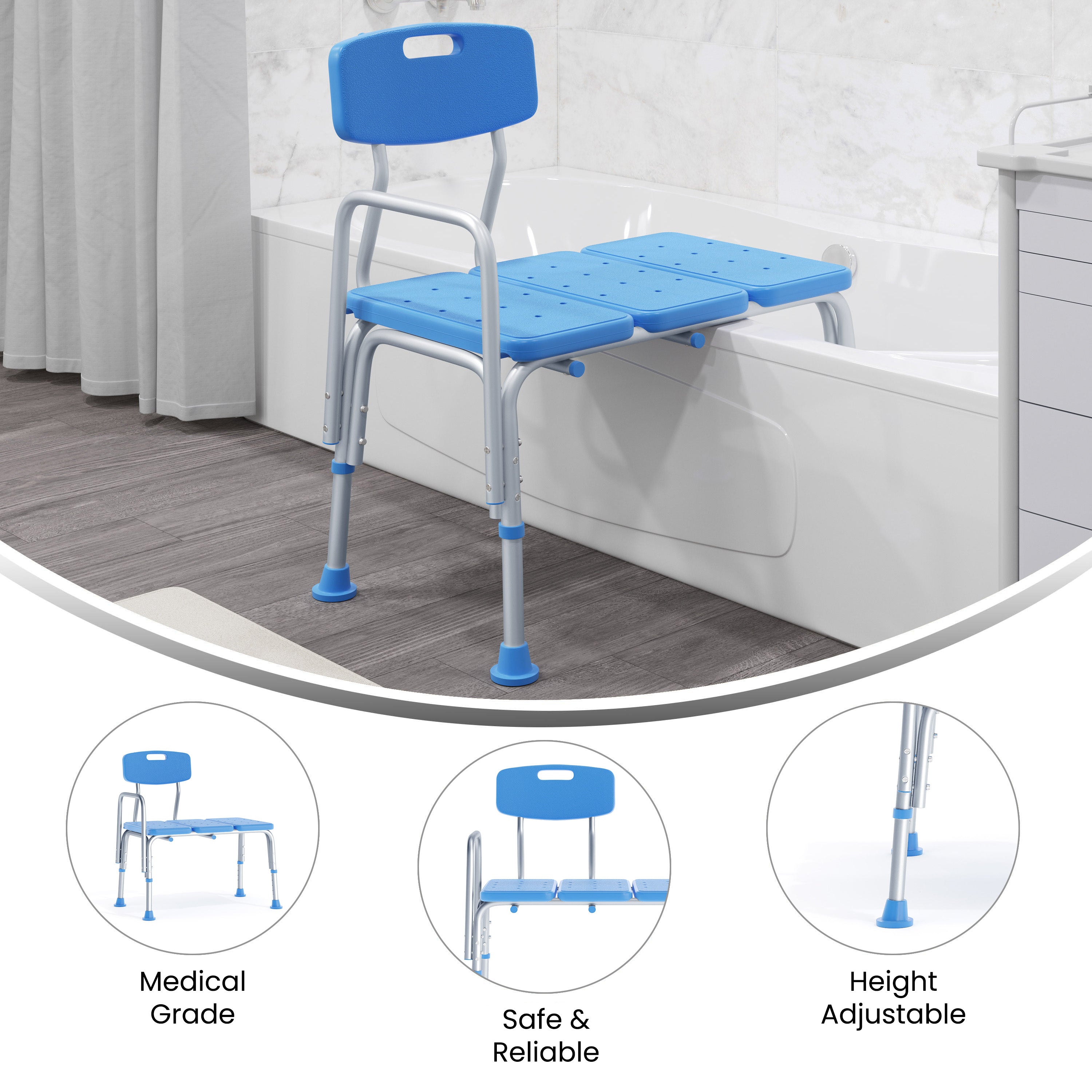 HERCULES Adjustable Bath & Shower Transfer Bench with Height-Adjust Frame, Supportive Back, Side Arm, 300 lbs. Static Weight Capacity in Blue