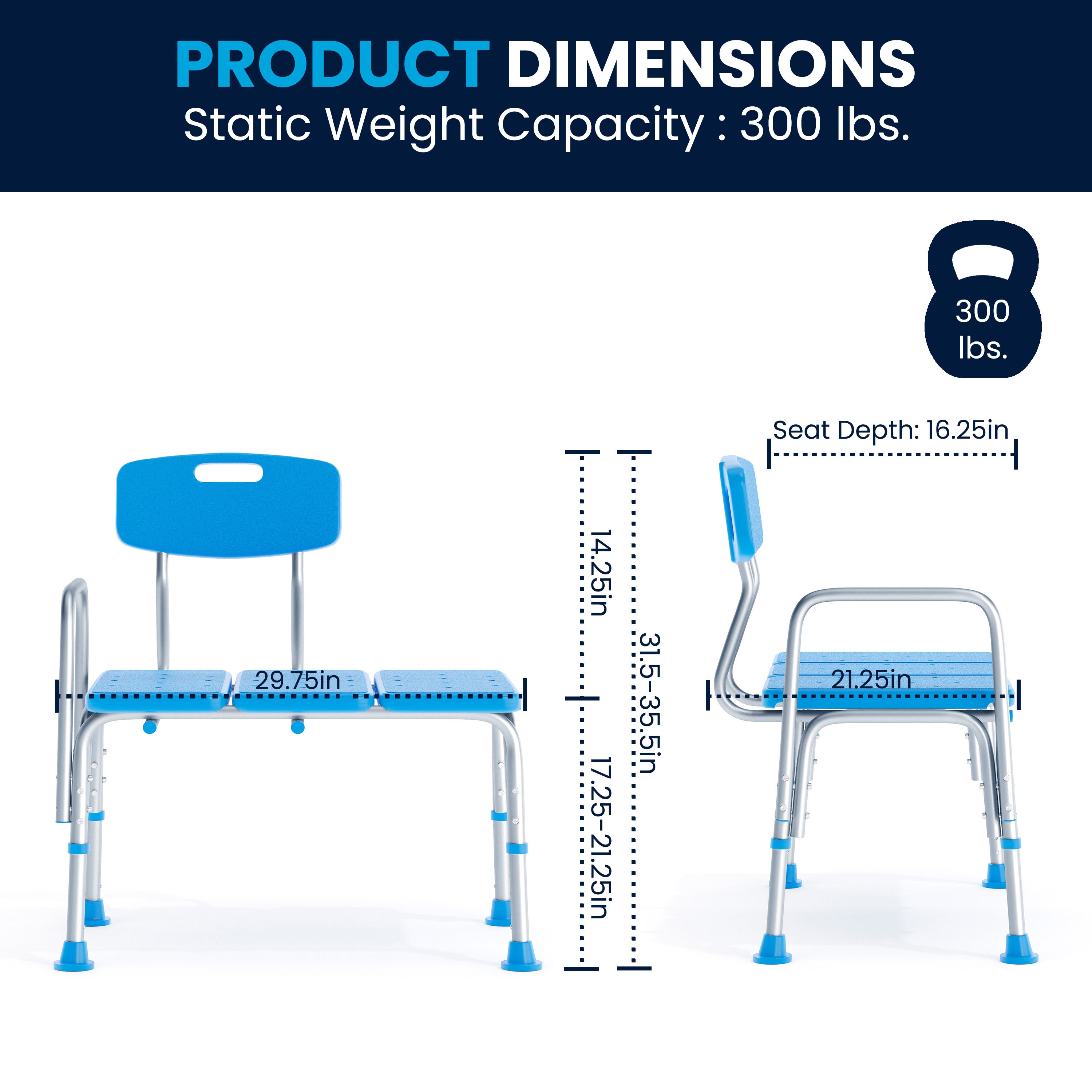 HERCULES Adjustable Bath & Shower Transfer Bench with Height-Adjust Frame, Supportive Back, Side Arm, 300 lbs. Static Weight Capacity in Blue