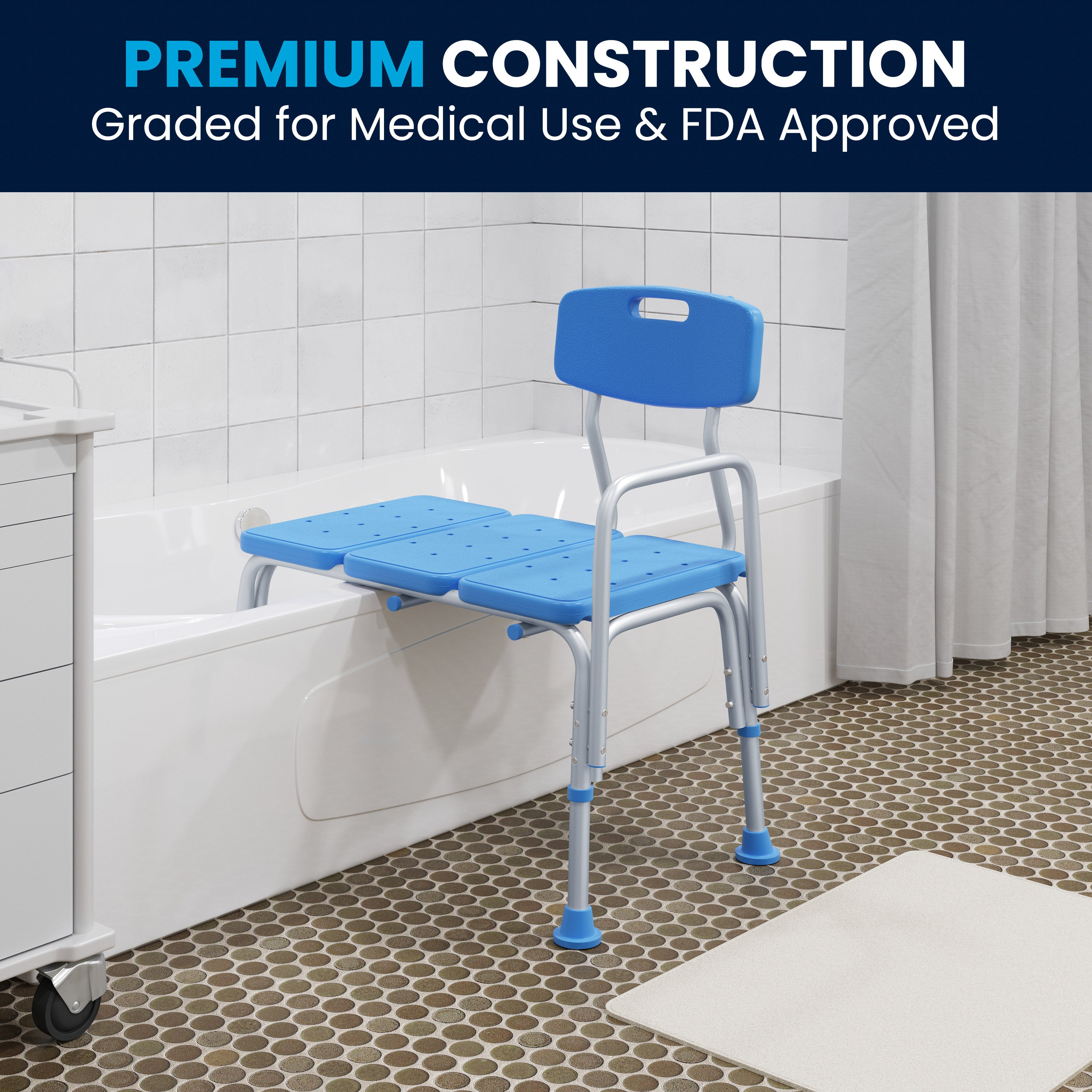 HERCULES Adjustable Bath & Shower Transfer Bench with Height-Adjust Frame, Supportive Back, Side Arm, 300 lbs. Static Weight Capacity in Blue