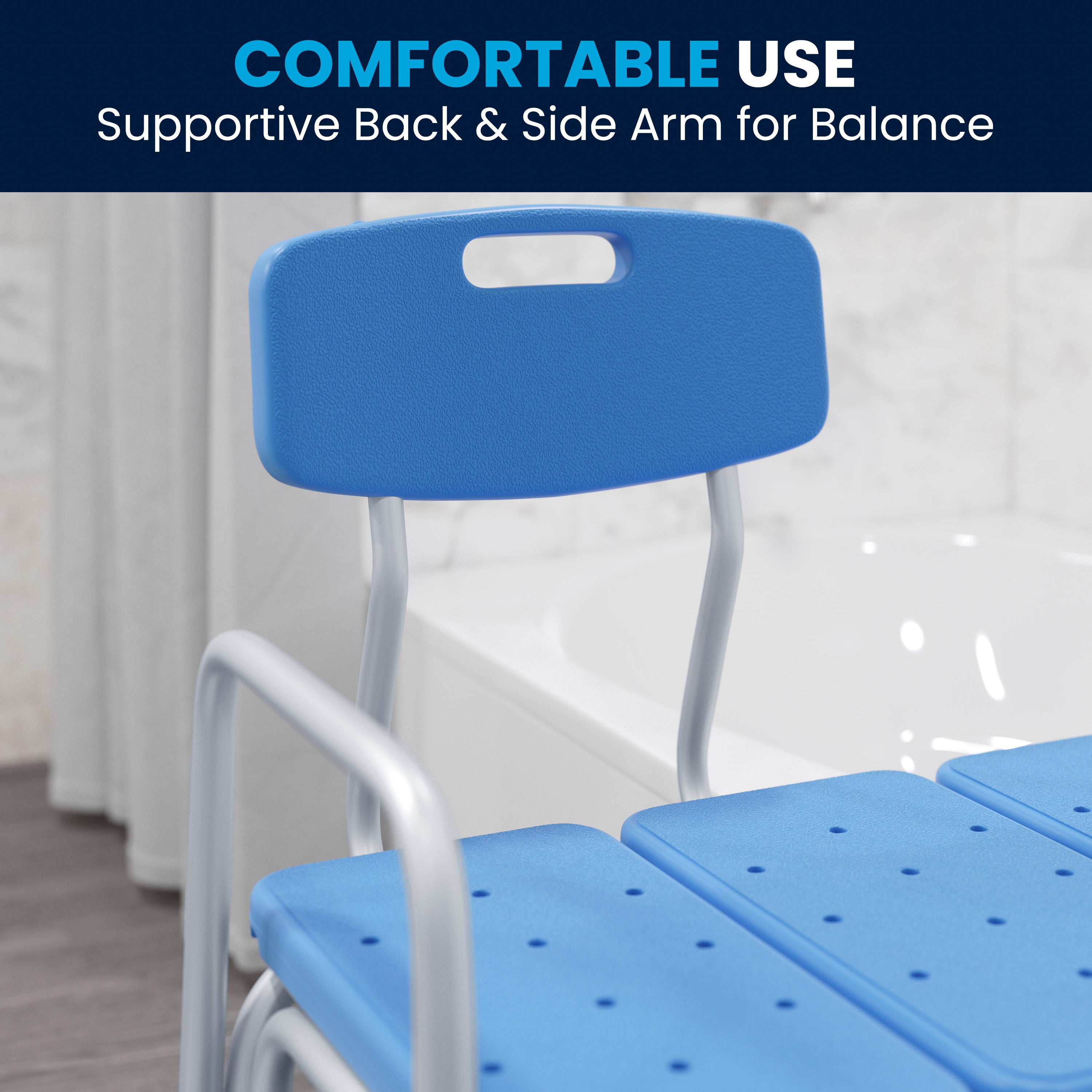 HERCULES Adjustable Bath & Shower Transfer Bench with Height-Adjust Frame, Supportive Back, Side Arm, 300 lbs. Static Weight Capacity in Blue