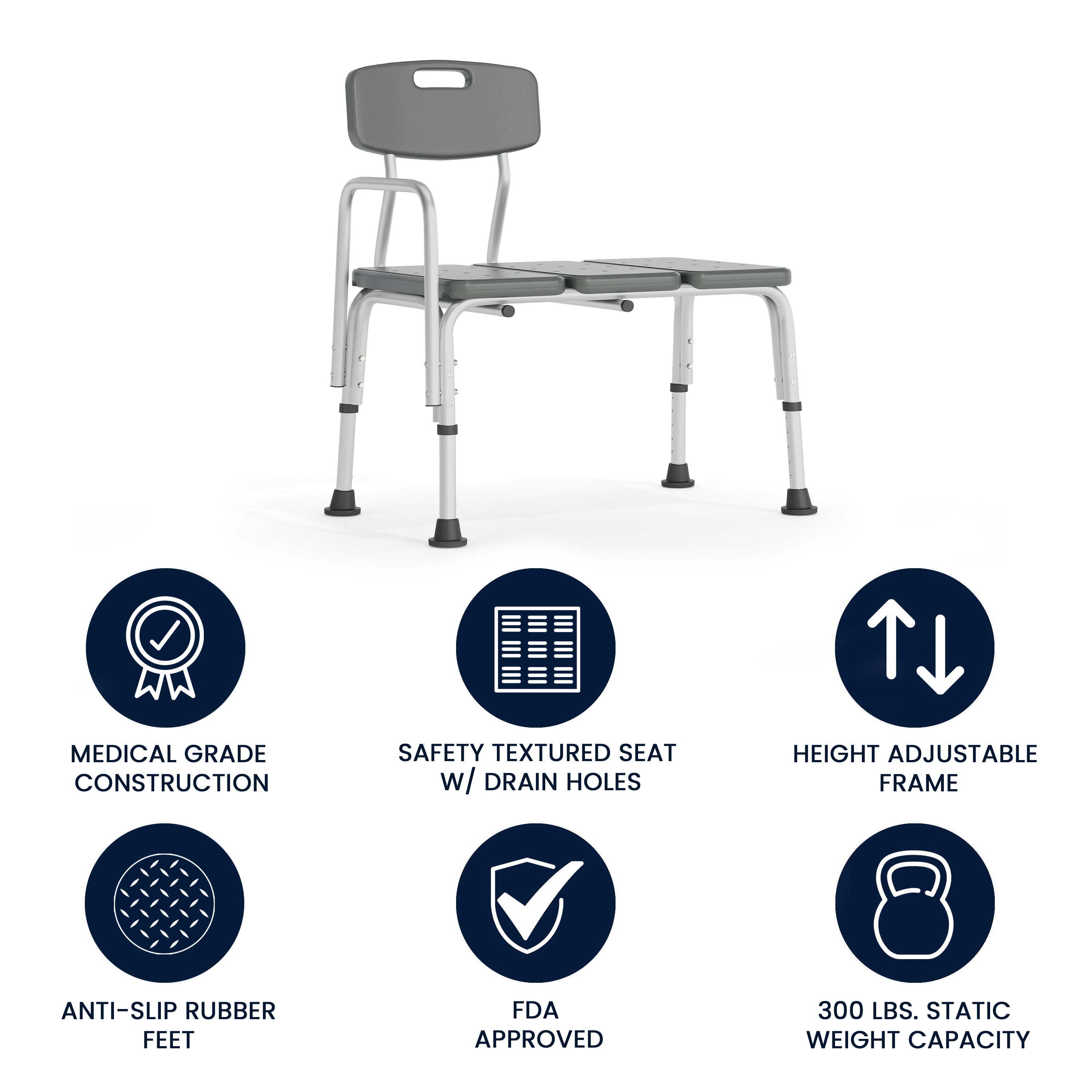 HERCULES Series 300 Lb. Capacity Adjustable Gray Bath & Shower Transfer Bench with Back and Side Arm